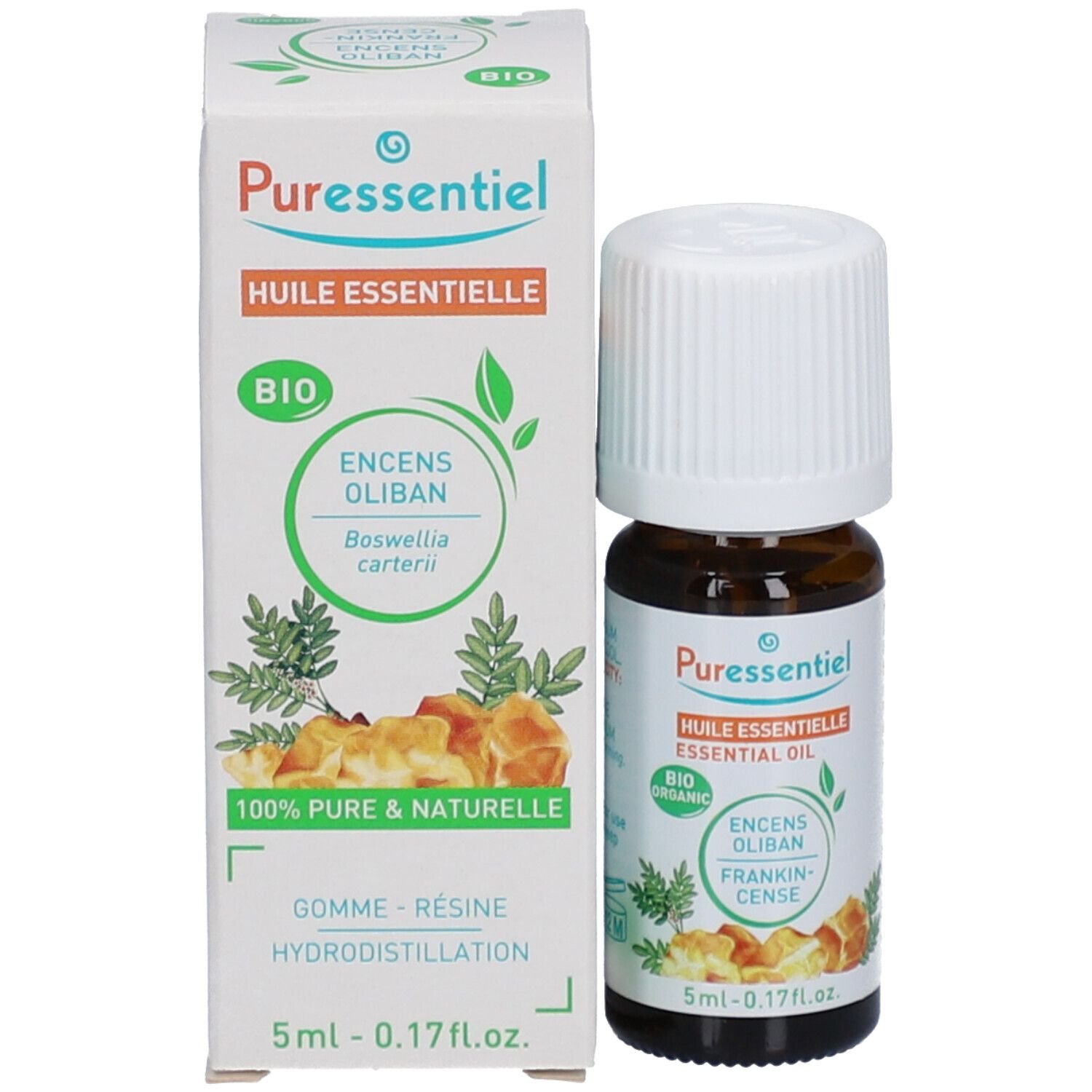 Produktflasche und Verpackung. Flasche mit weißem Deckel, Etikett. Verpackung mit Produktnamen und Bio-Siegel. 5ml.