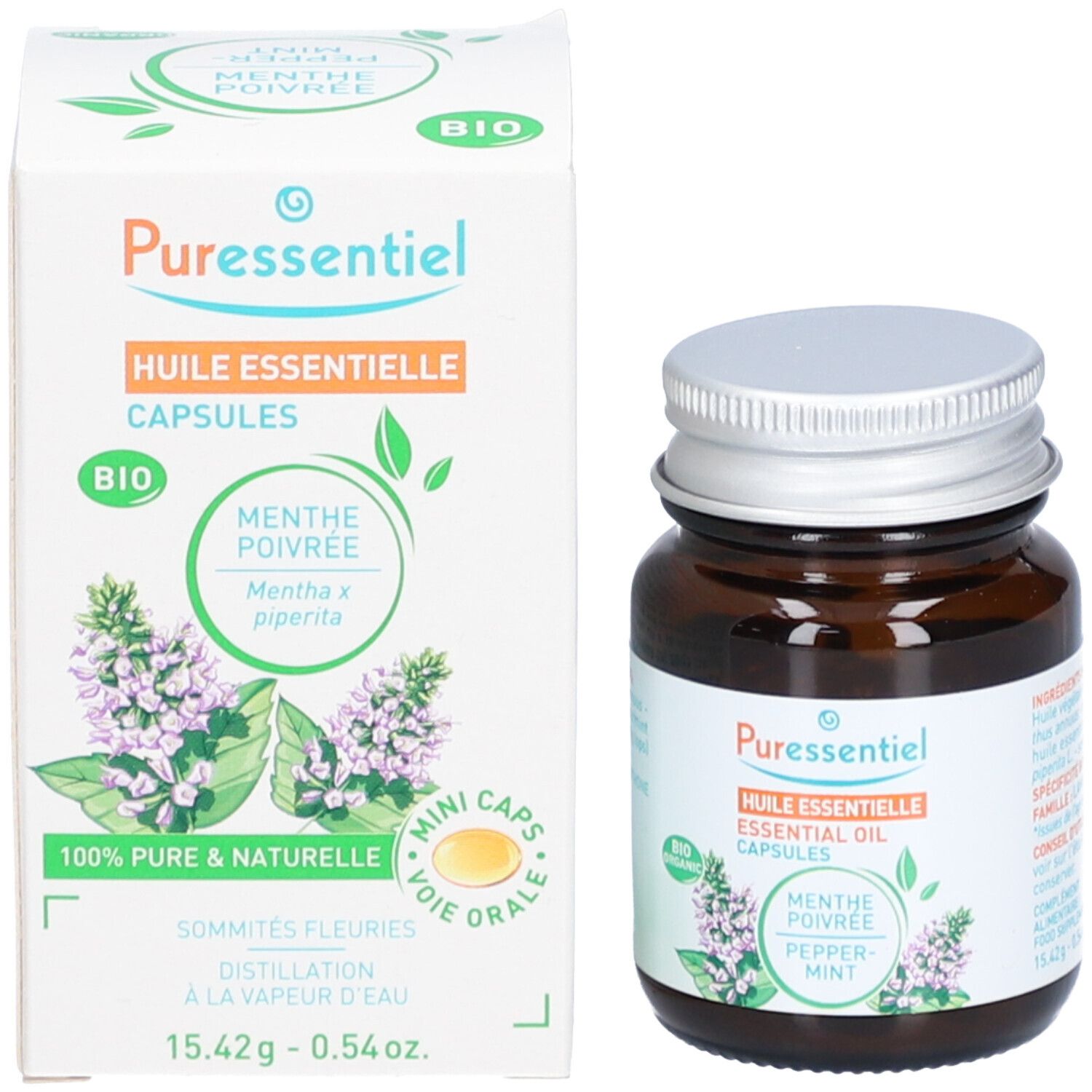 Emballage et flacon. Emballage avec 'Puresentiel', 'Huile essentielle', 'Menthe poivrée', 'Bio'. Flacon à côté.