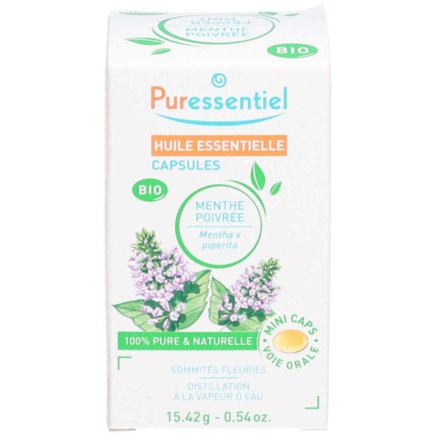 Emballage blanc avec 'Puresentiel', 'Huile essentielle', 'Menthe poivrée', 'Bio'.