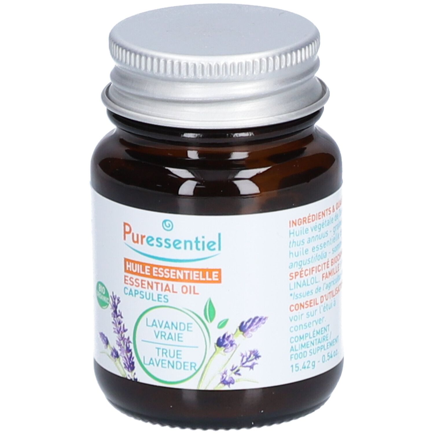 Flacon en verre brun avec bouchon argenté. Étiquette PURESSENTIEL, illustration de lavande et informations produit. Capsules d'huile essentielle.