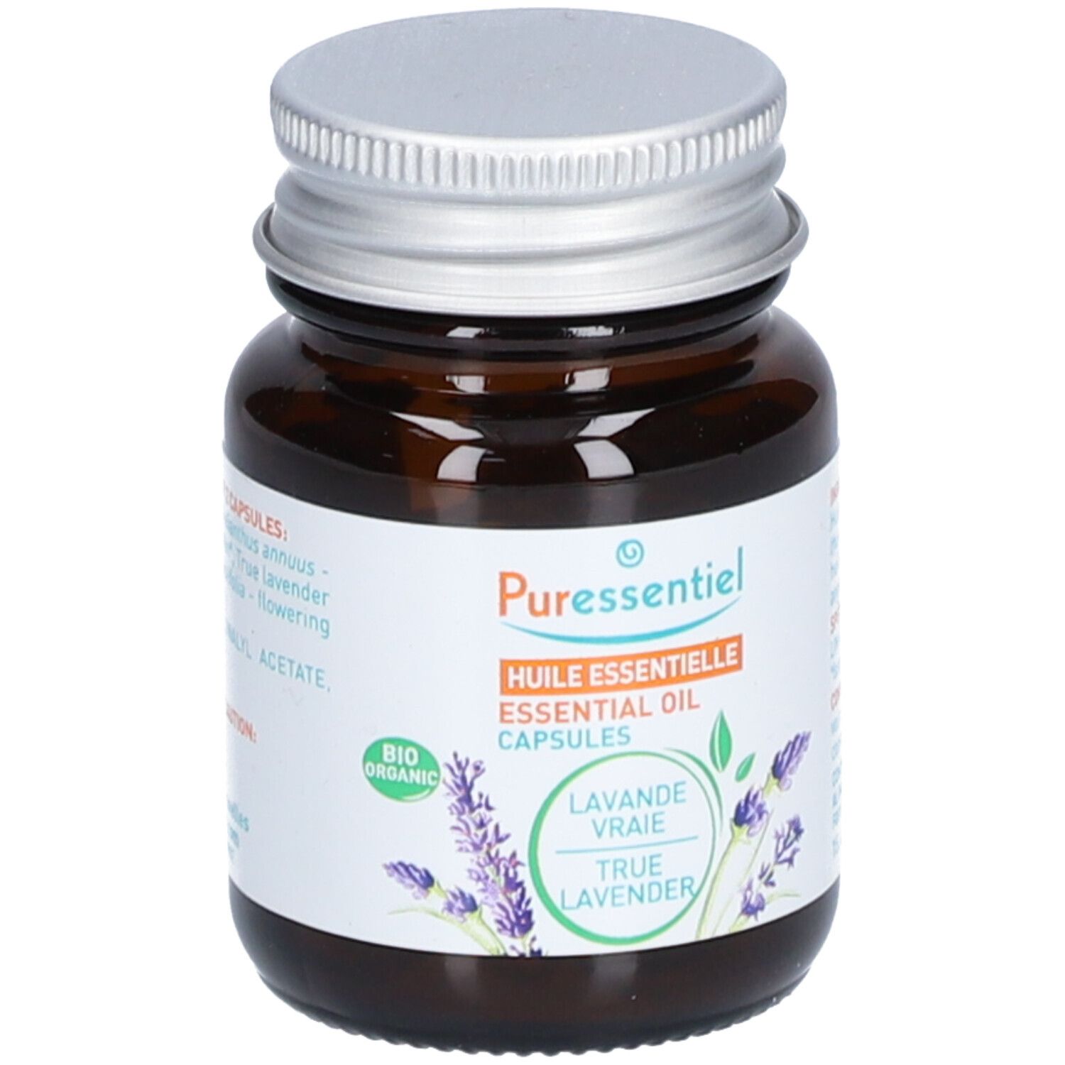 Flacon en verre brun avec bouchon argenté. Étiquette PURESSENTIEL, illustration de lavande et informations produit. Capsules d'huile essentielle.