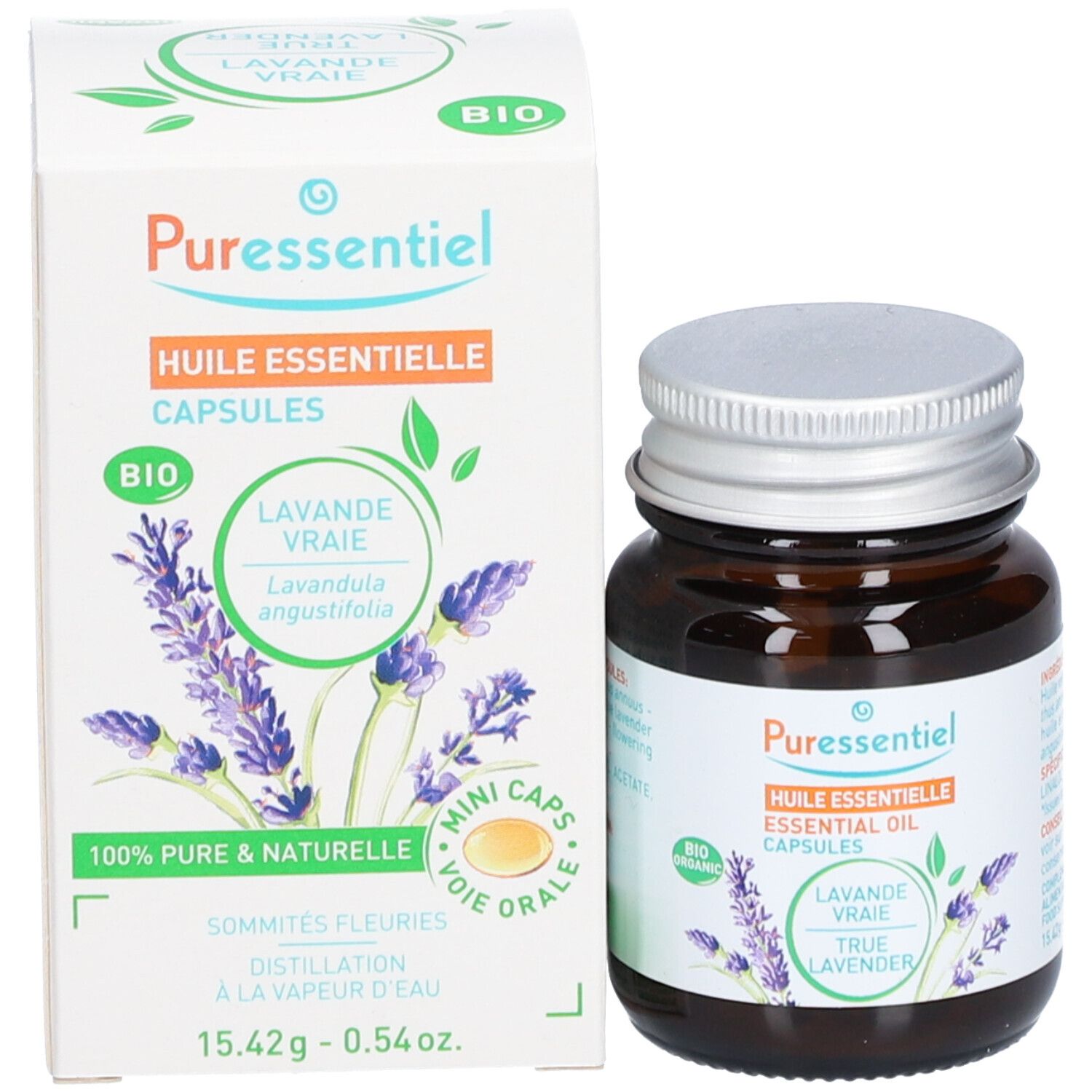 Flacon en verre brun et boîte. Boîte avec logo PURESSENTIEL, illustration de lavande et informations produit. Flacon avec bouchon argenté.