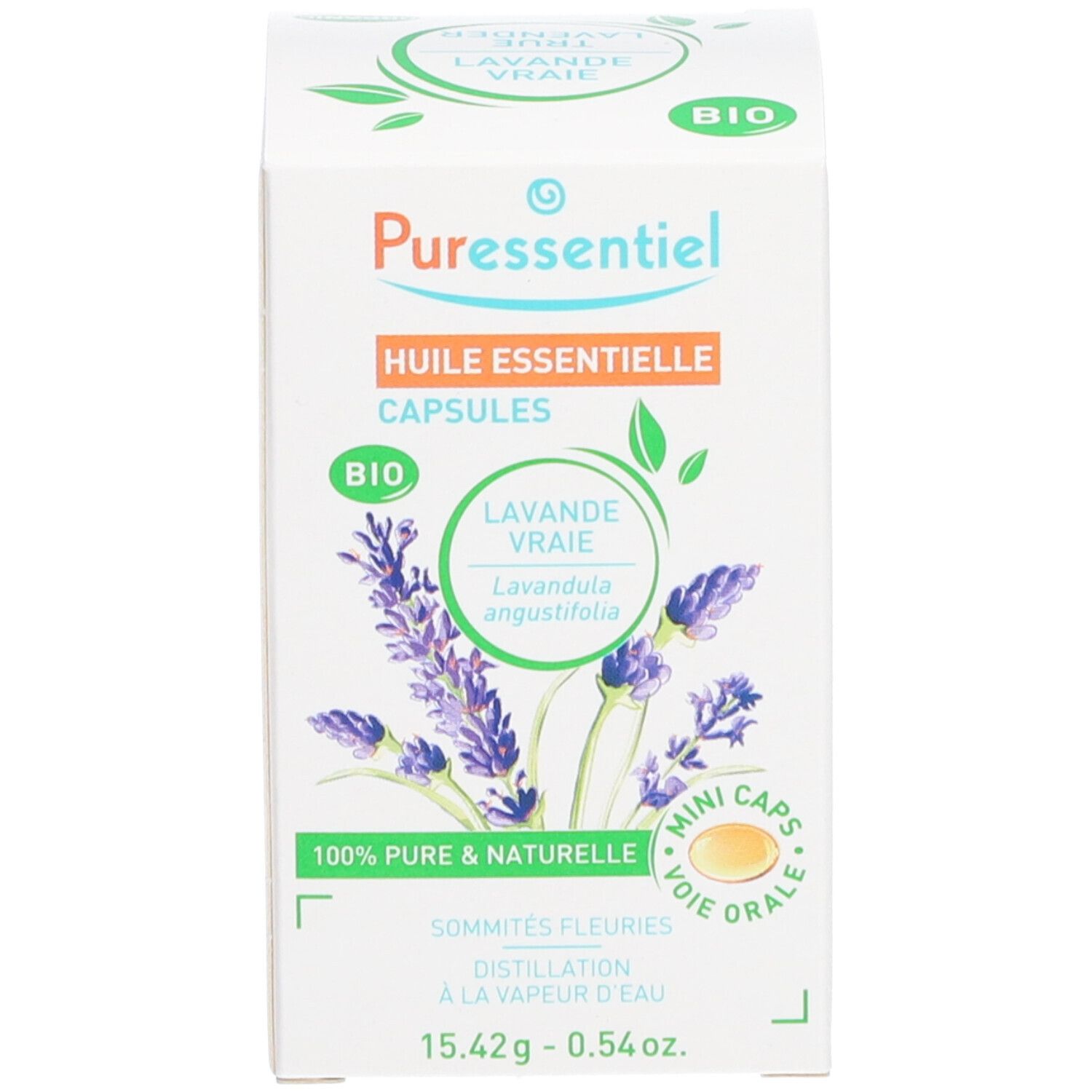 Boîte avec logo PURESSENTIEL, illustration de lavande et informations produit. Label BIO et texte '100% pure & naturelle'.