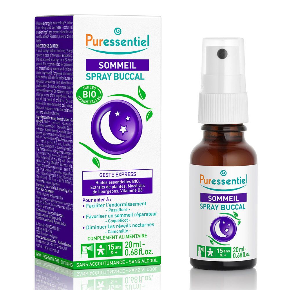 Spray buccal Puresentiel Sommeil. Flacon brun avec vaporisateur et emballage. Certification Bio.