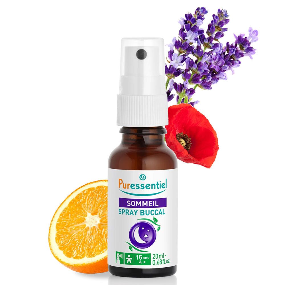 Spray buccal Puresentiel Sommeil. Flacon brun avec vaporisateur. Avec lavande, coquelicot et orange.