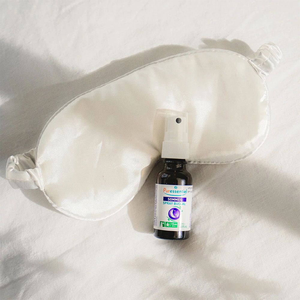 Puresentiel Sommeil Spray buccal et masque de sommeil. Flacon brun avec vaporisateur. Masque blanc.