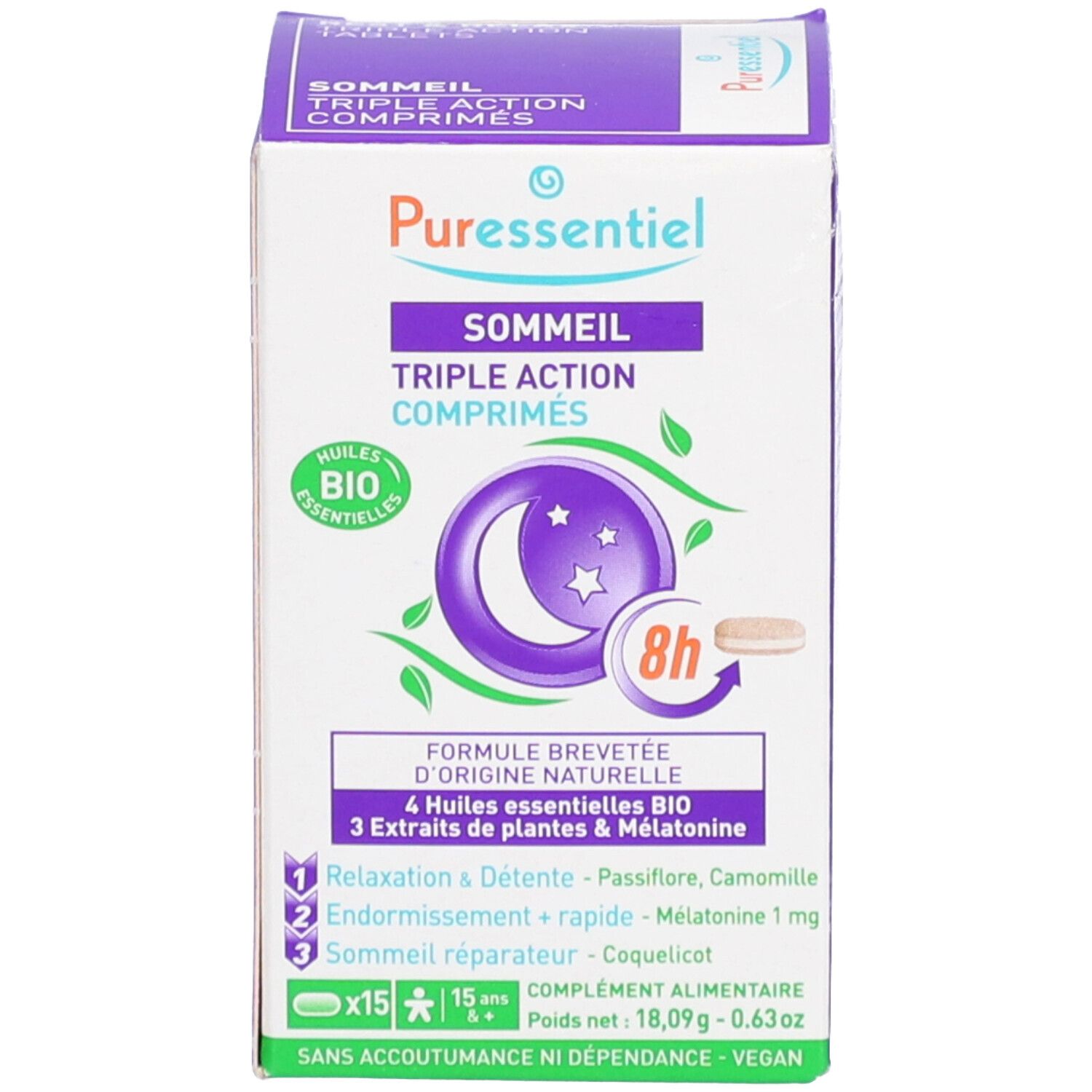 Emballage du produit. Boîte avec nom, logo et informations sur le produit. Contient des comprimés.