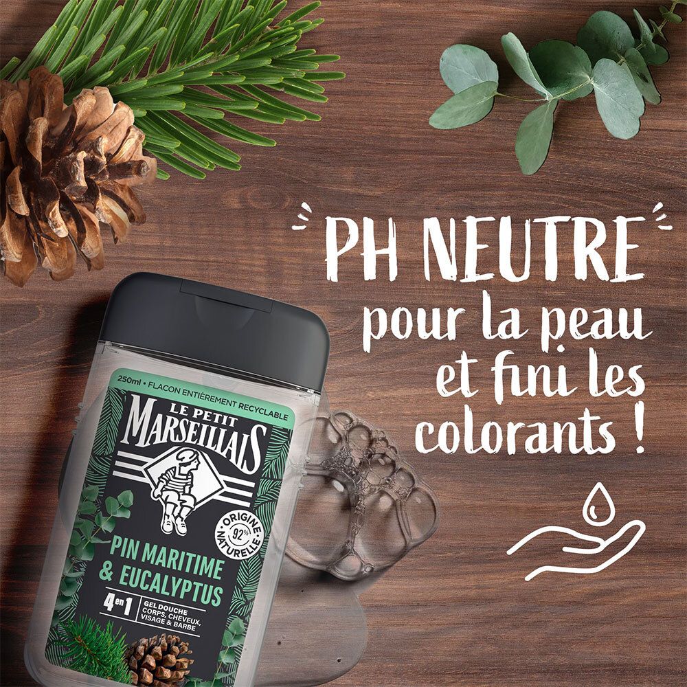 Douchegelfles op hout. Tekst: 'PH NEUTRE pour la peau et fini les colorants !'.
