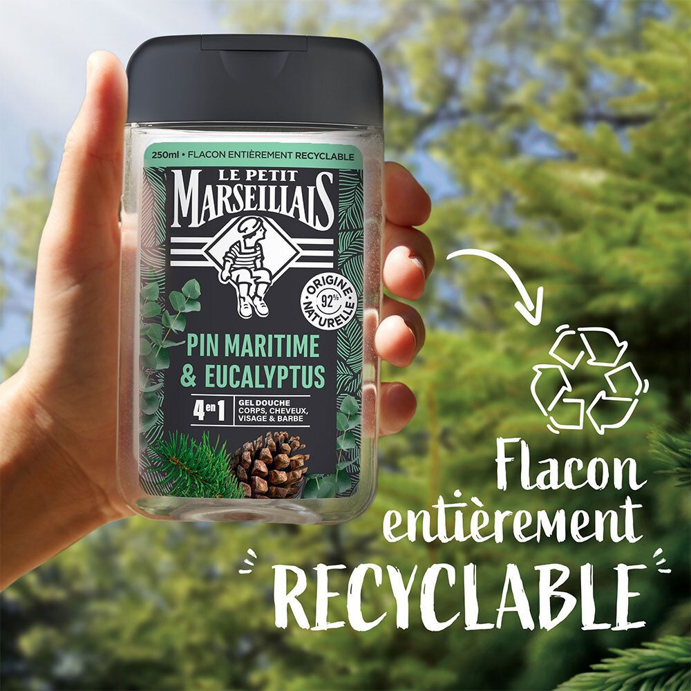 Hand die een douchegelfles vasthoudt. Tekst: 'Flacon entièrement RECYCLABLE'.