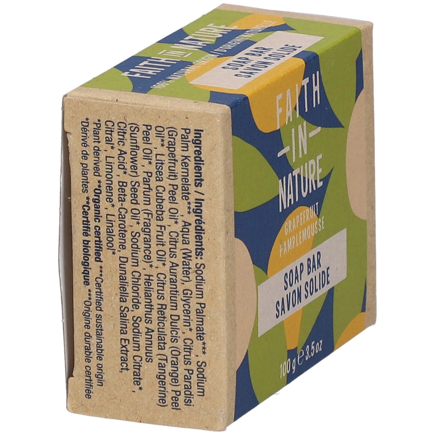 Kartonnen verpakking met ingrediënten. Opschrift: FAITH IN NATURE, grapefruit, savon solide. Certificeringen: Organic, Vegan.