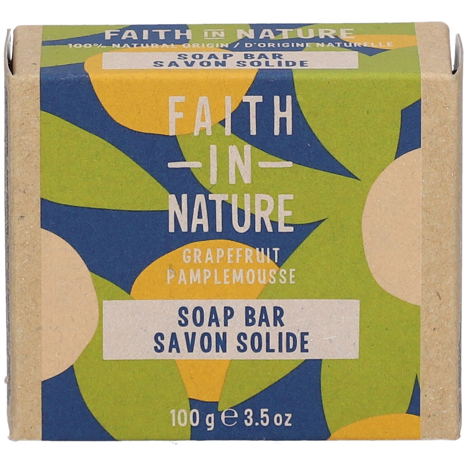 Kartonnen verpakking met productnaam. Opschrift: FAITH IN NATURE, grapefruit, savon solide. 100g 3.5oz. Motief.