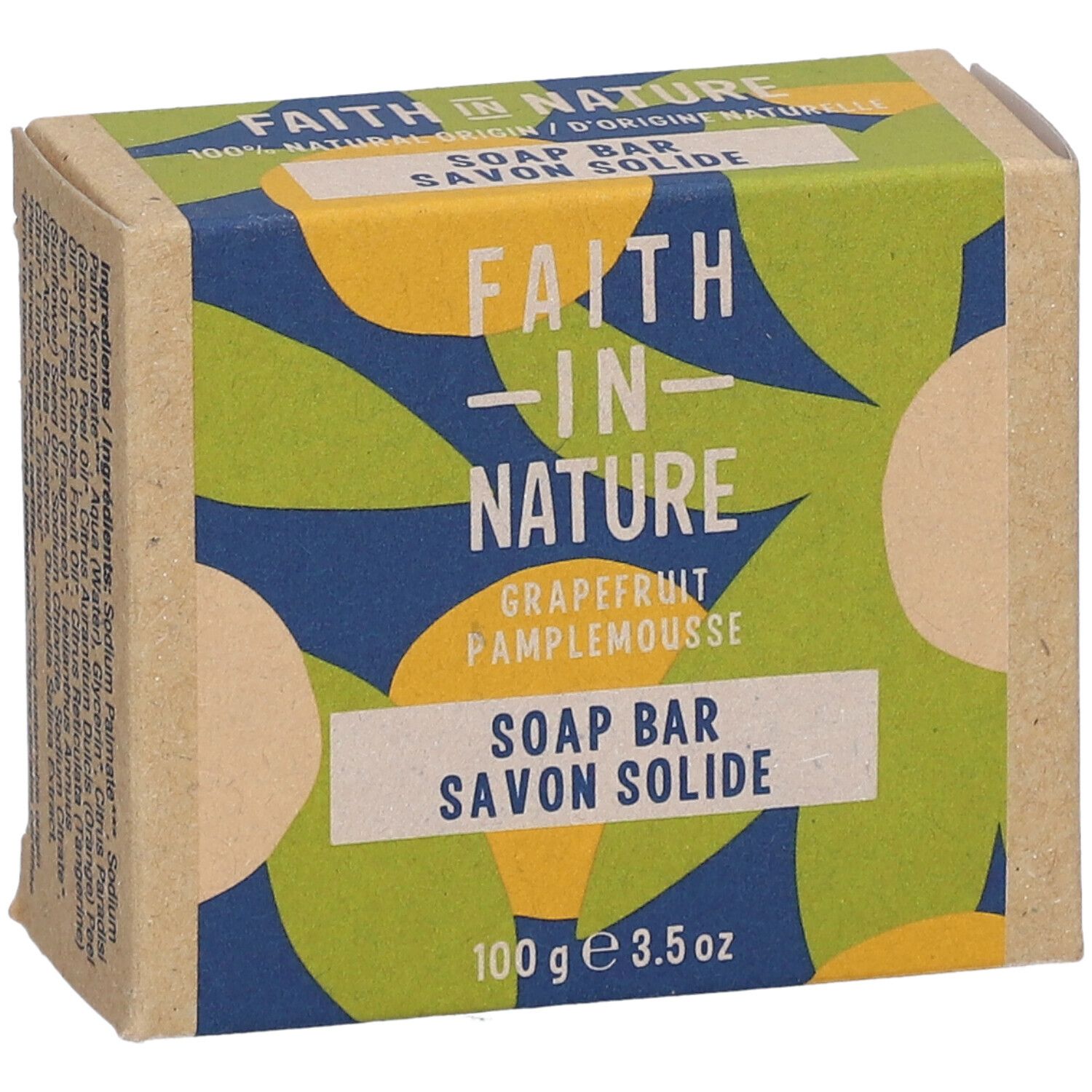 Kartonnen verpakking met productnaam. Opschrift: FAITH IN NATURE, grapefruit, savon solide. 100g 3.5oz. Motief.