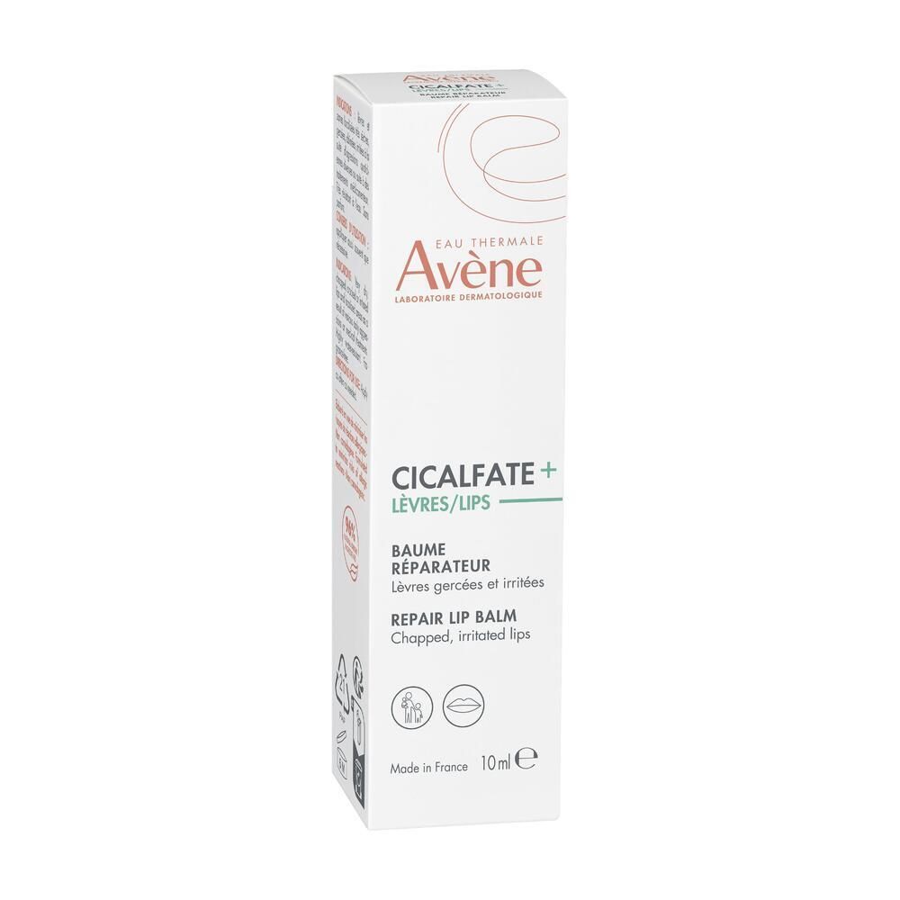 Weiße Schachtel mit Avène Cicalfate LÈVRES Balsam. Text und Logos in Schwarz und Grün. 10ml.