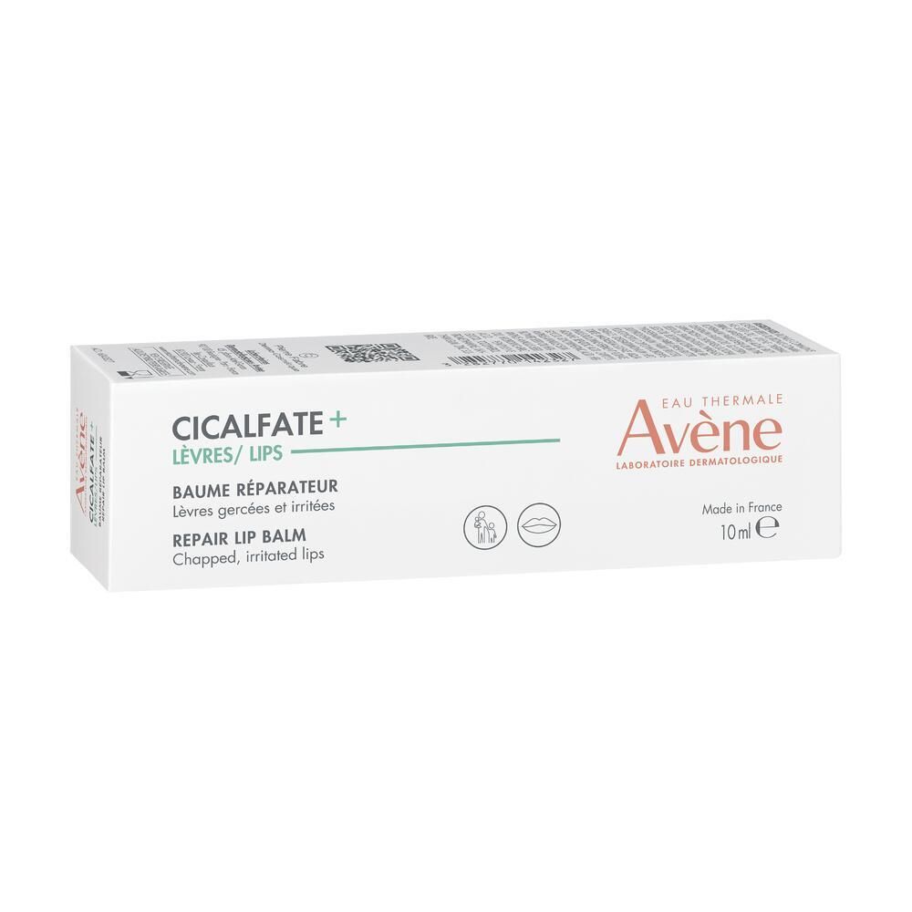 Weiße Schachtel mit Avène Cicalfate LÈVRES Balsam. Text und Logos in Schwarz und Grün. 10ml.