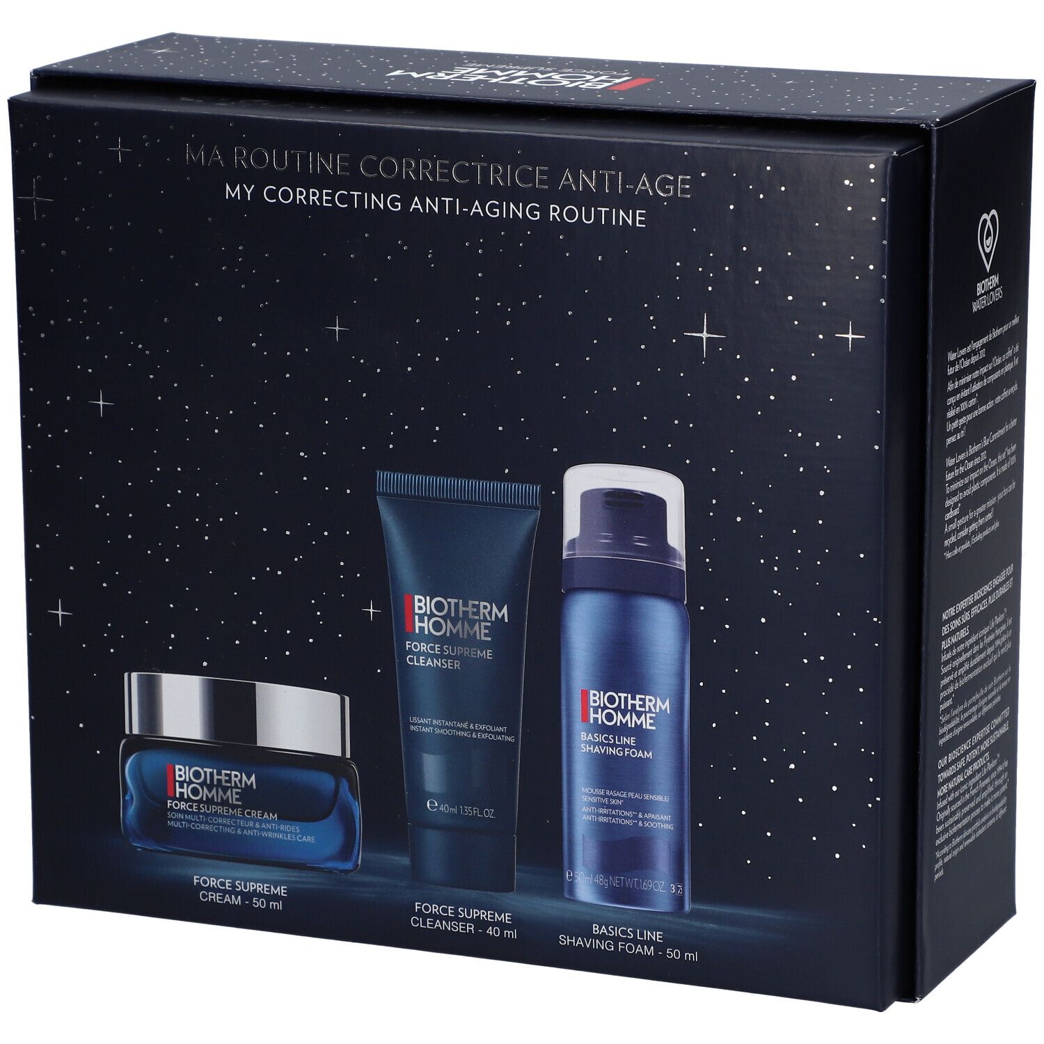 Coffret cadeau avec trois produits: crème, nettoyant et mousse à raser. Logo BIOTHERM HOMME. Texte: FORCE SUPREME, ANTI-ÂGE.