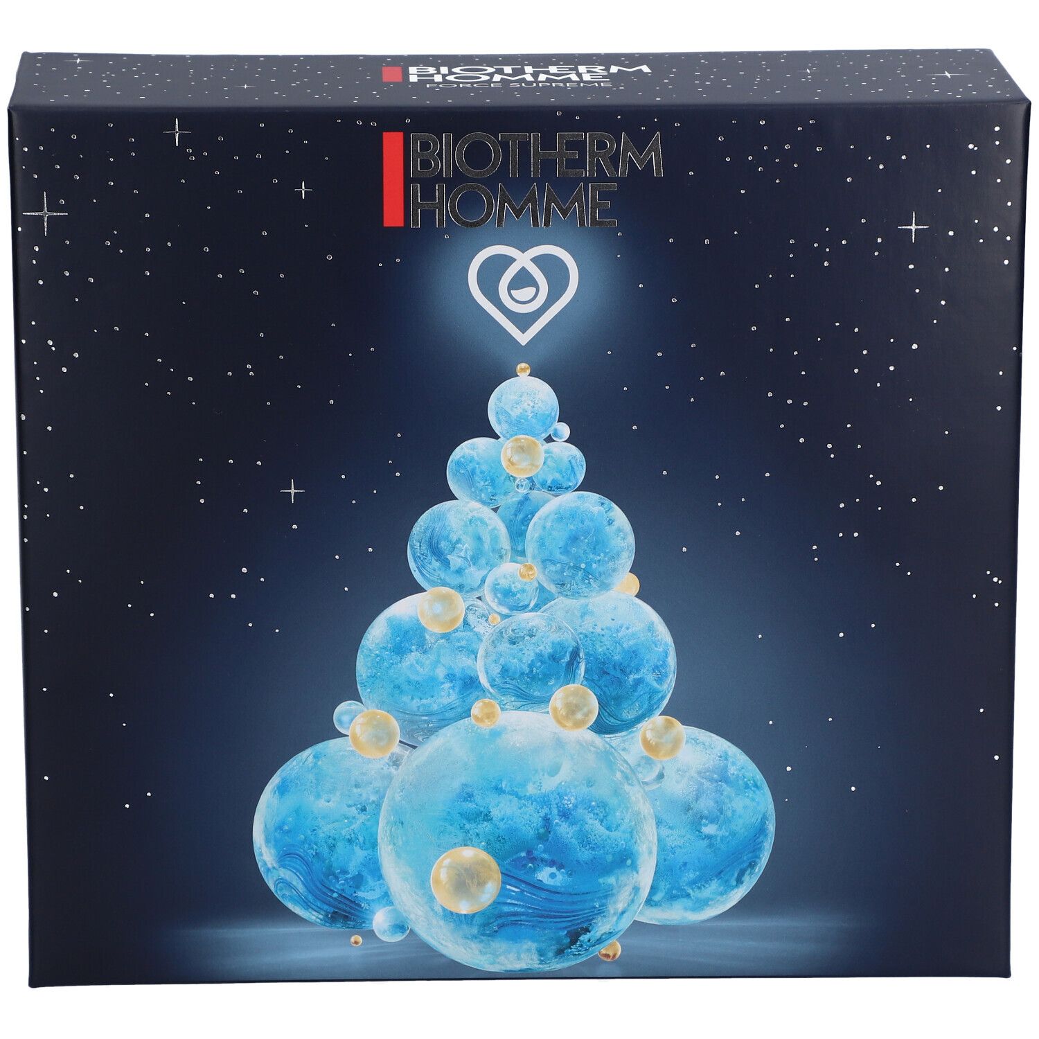 Coffret cadeau bleu foncé avec motif ciel étoilé et boules bleu-or en forme de sapin. Logo BIOTHERM HOMME.