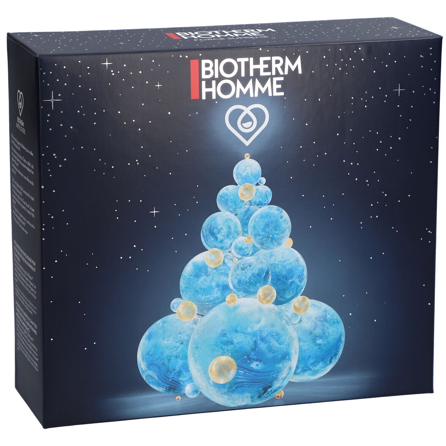 Coffret cadeau bleu foncé avec motif ciel étoilé et boules bleu-or en forme de sapin. Logo BIOTHERM HOMME.