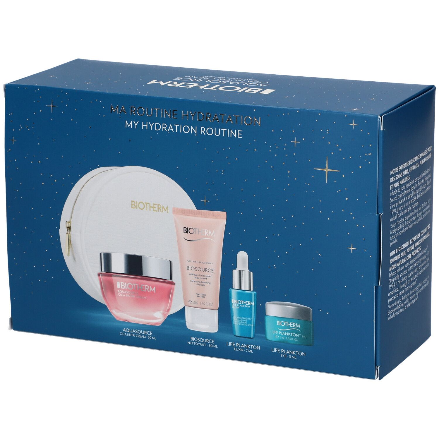 Boîte bleue avec produits cosmétiques. Contient pot, tube, flacon et trousse. Logo BIOTHERM.