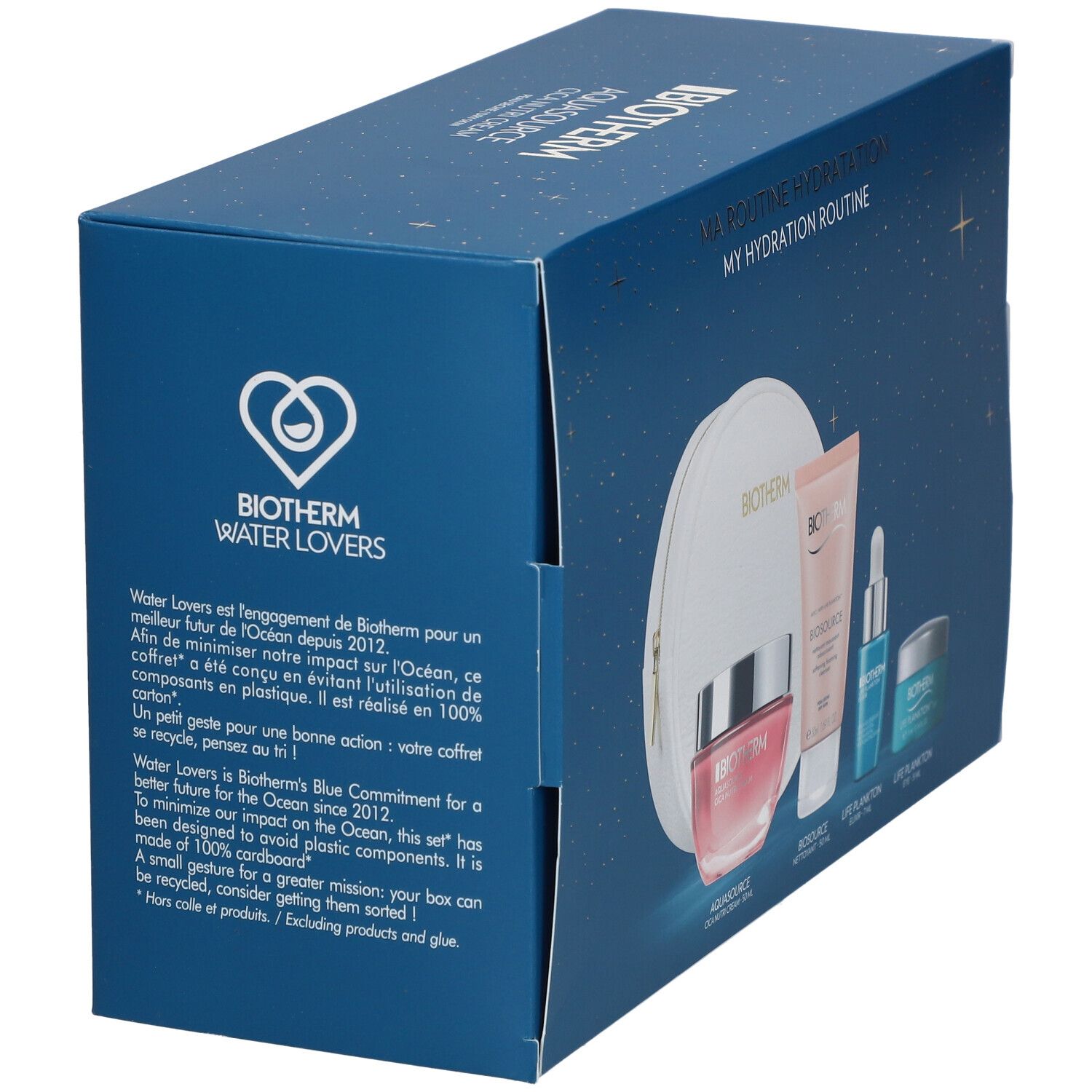 Boîte bleue vue en biais, avec produits cosmétiques et trousse. Logo BIOTHERM.