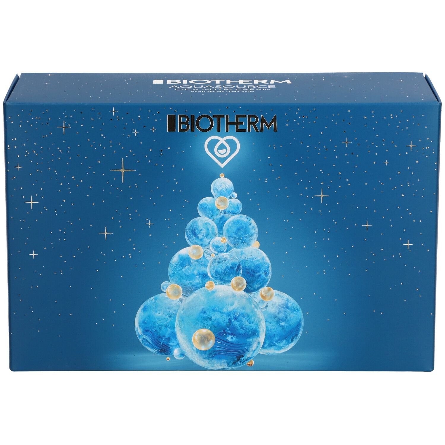 Boîte bleue avec motif sapin de Noël et logo BIOTHERM. Étoiles et détails dorés. Vue de face.