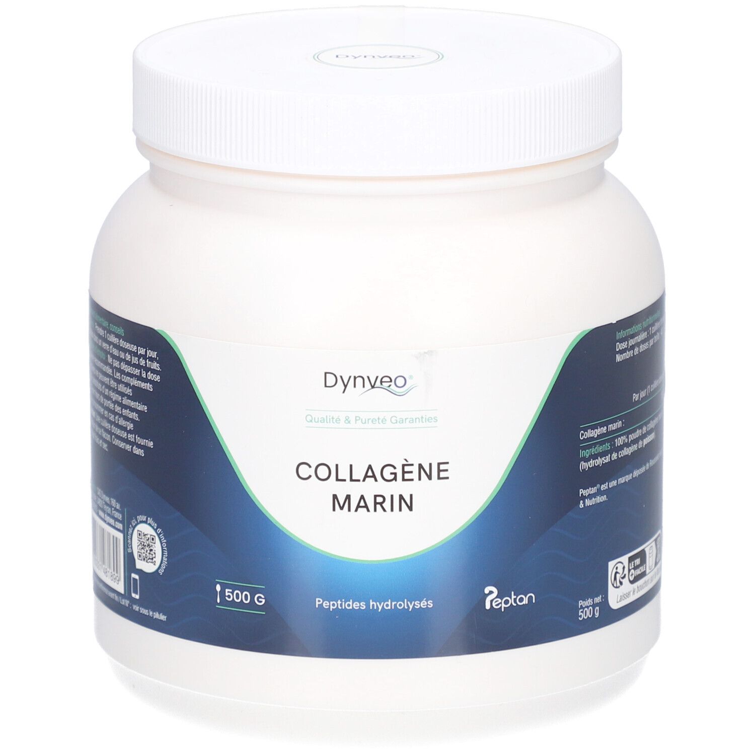 Pot blanc avec étiquette bleue. Inscription: DYNVEO Collagène Marin, 500 g, Peptides hydrolysés. Contient 1500 g.