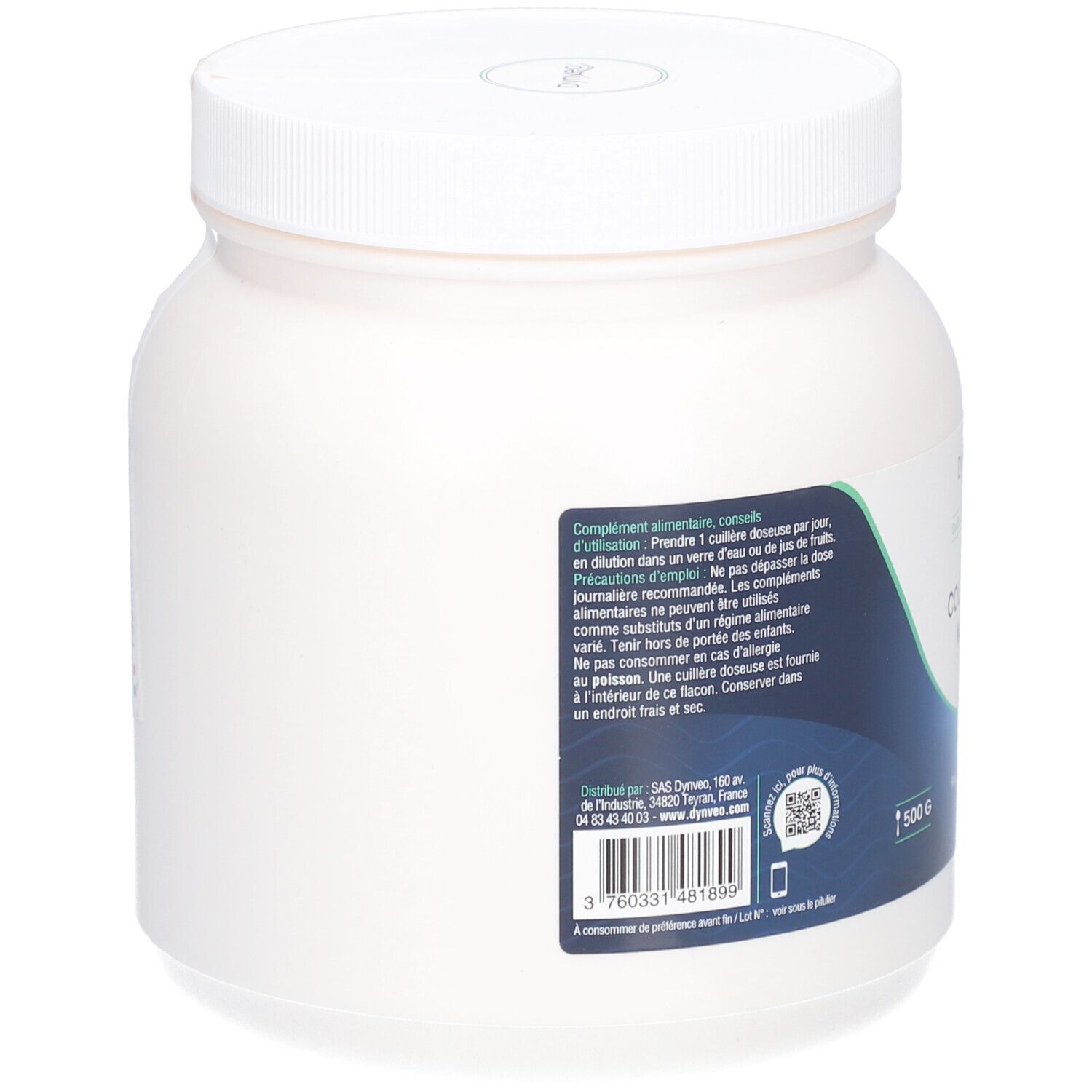 Pot blanc avec étiquette bleue. Texte: Complément alimentaire. Code-barres et QR code. 500 g.