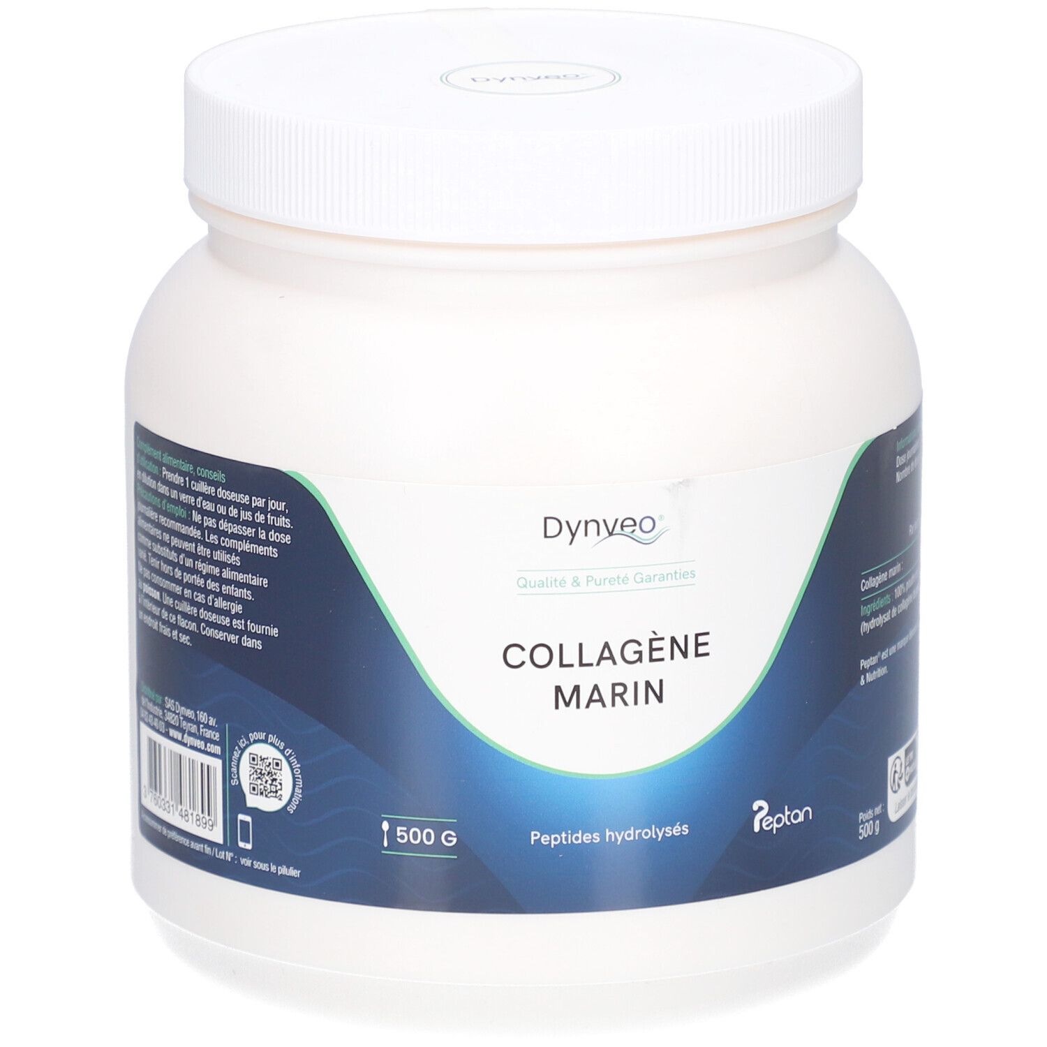 Pot blanc avec étiquette bleue. Inscription: DYNVEO Collagène Marin, 500 g, Peptides hydrolysés.