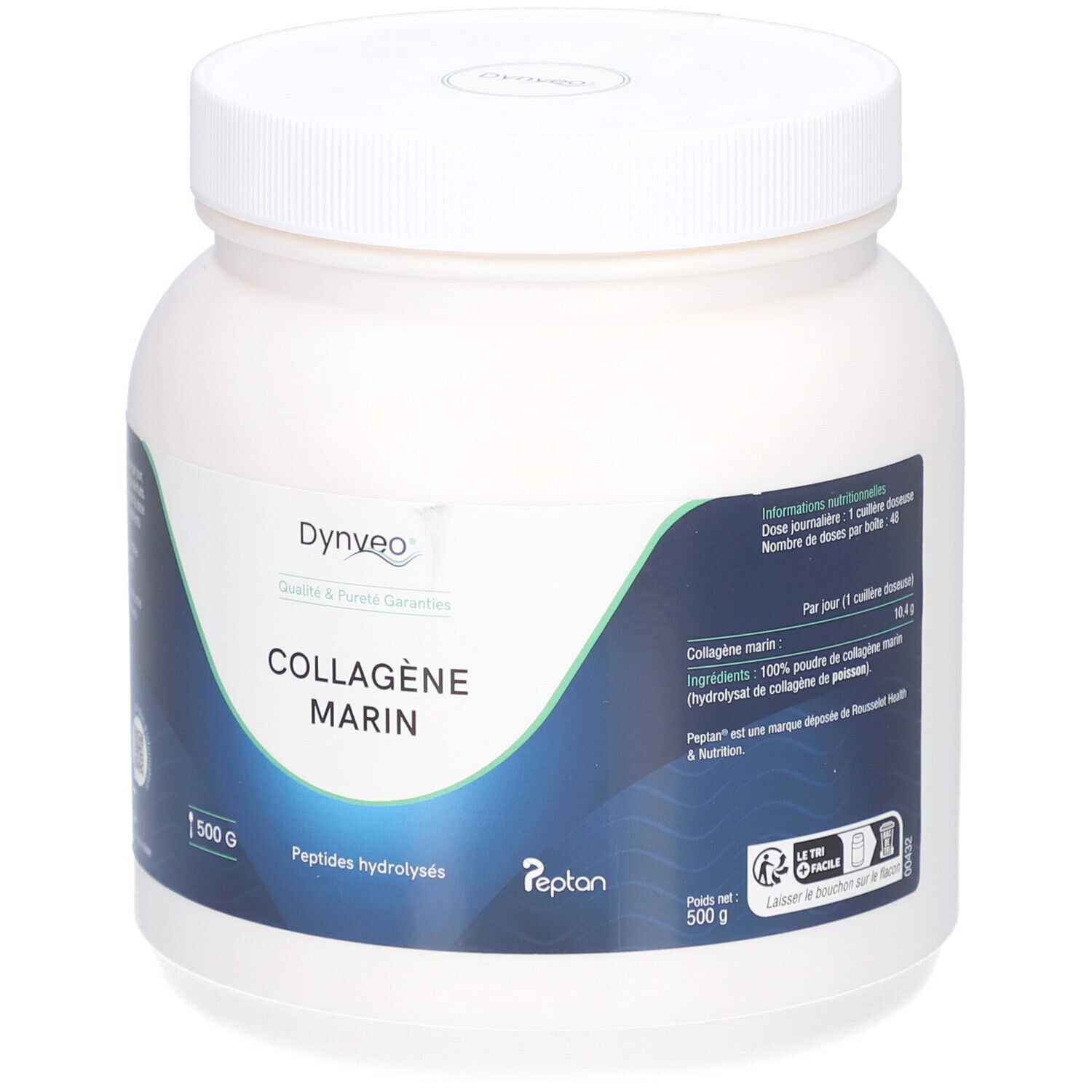 Pot blanc avec étiquette bleue. Inscription: DYNVEO Collagène Marin, 500 g, Peptides hydrolysés. Logo Pepton.