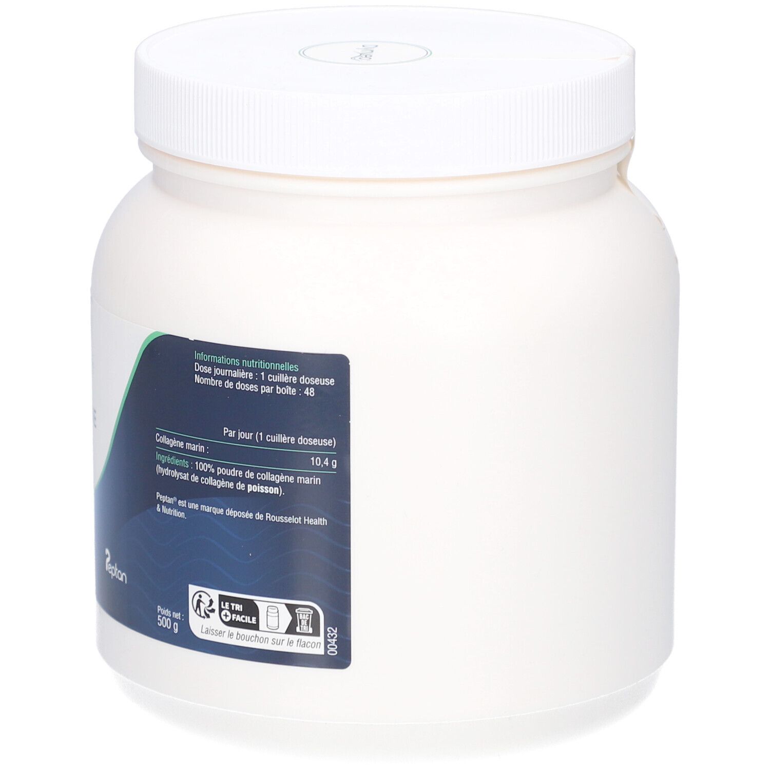 Pot blanc avec étiquette bleue. Informations nutritionnelles. Logo Pepton. 500 g.