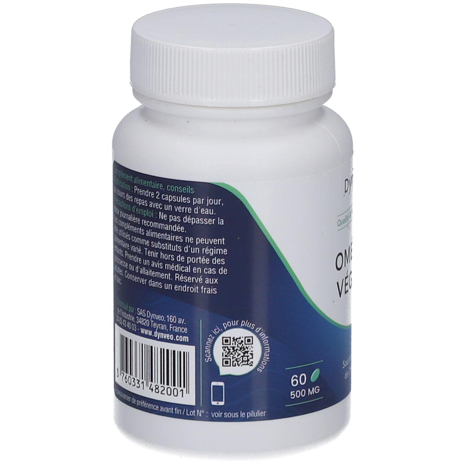 Dos du flacon blanc. Étiquette bleue avec texte. Code QR et code-barres. 60 gélules, 500 mg.
