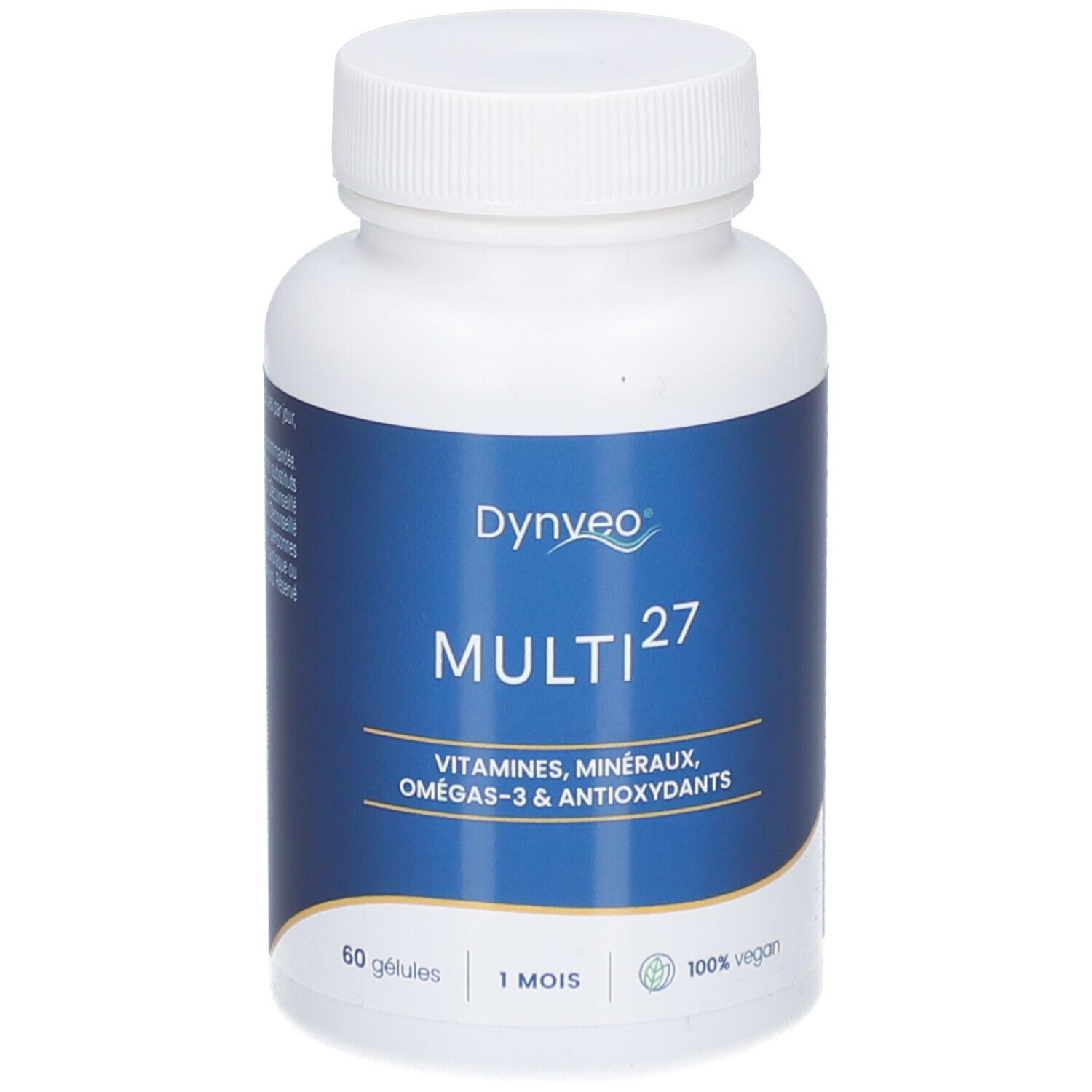 Flacon blanc DYNVEO Multi 27. Étiquette bleue avec informations produit. 60 gélules, 1 mois. 100% vegan.