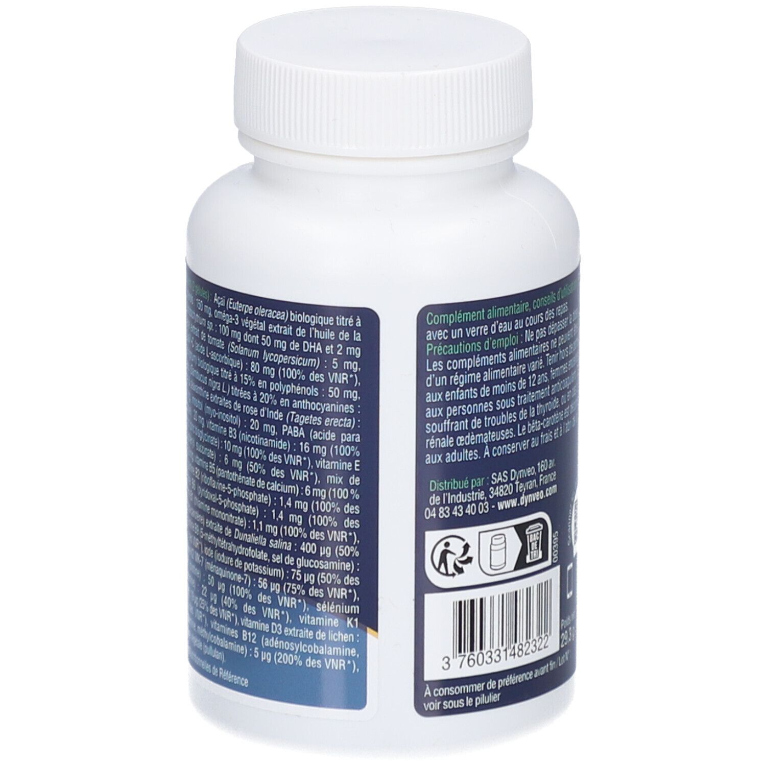 Dos du flacon blanc DYNVEO Multi 27. Liste des ingrédients et informations nutritionnelles. Informations fabricant.