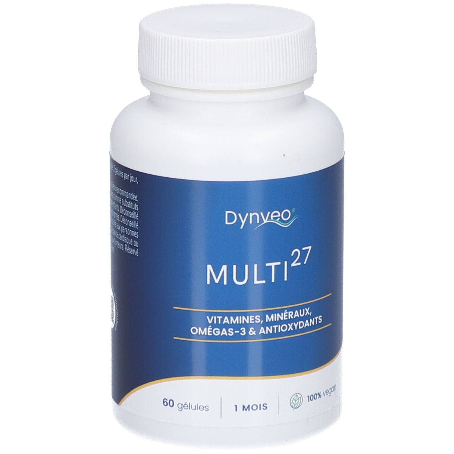 Flacon blanc DYNVEO Multi 27. Étiquette bleue avec nom et informations produit. 60 gélules, 1 mois.