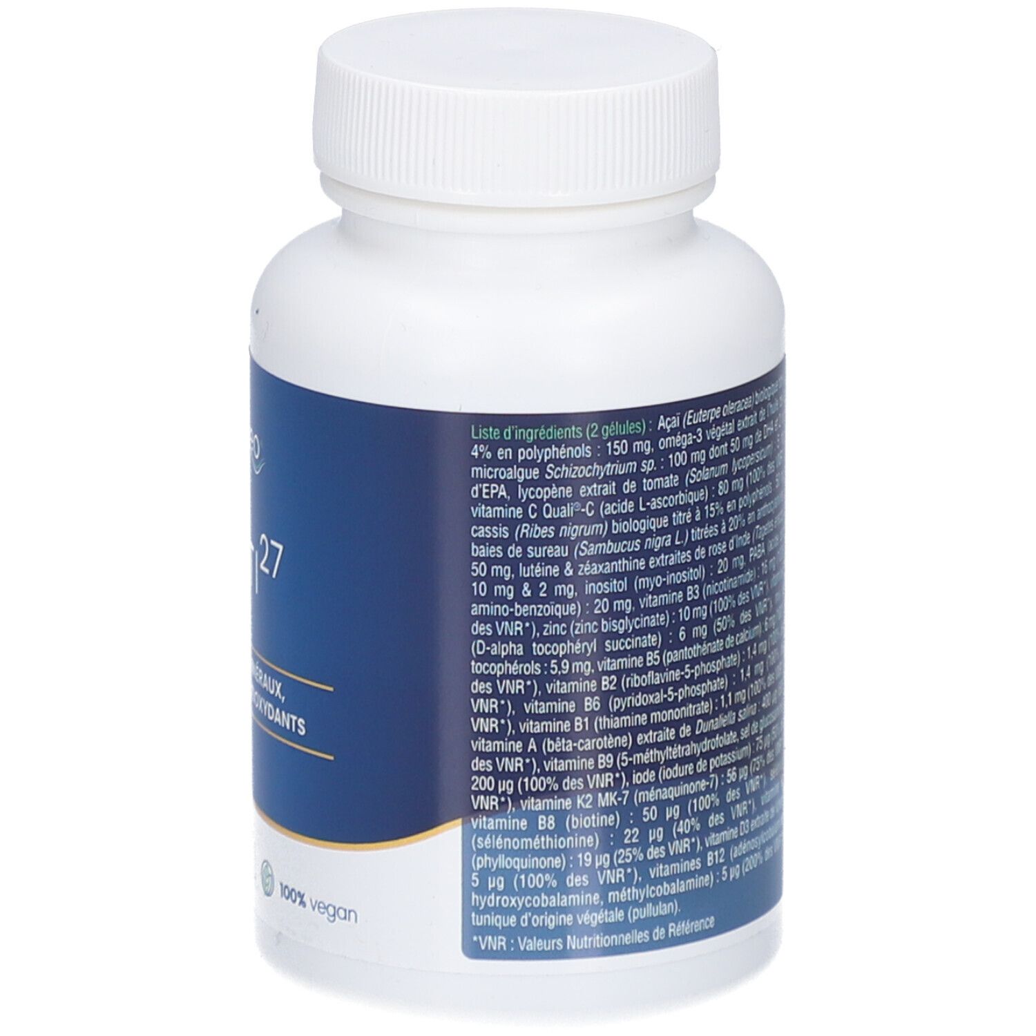 Dos du flacon blanc DYNVEO Multi 27. Liste des ingrédients et informations nutritionnelles. 100% vegan.
