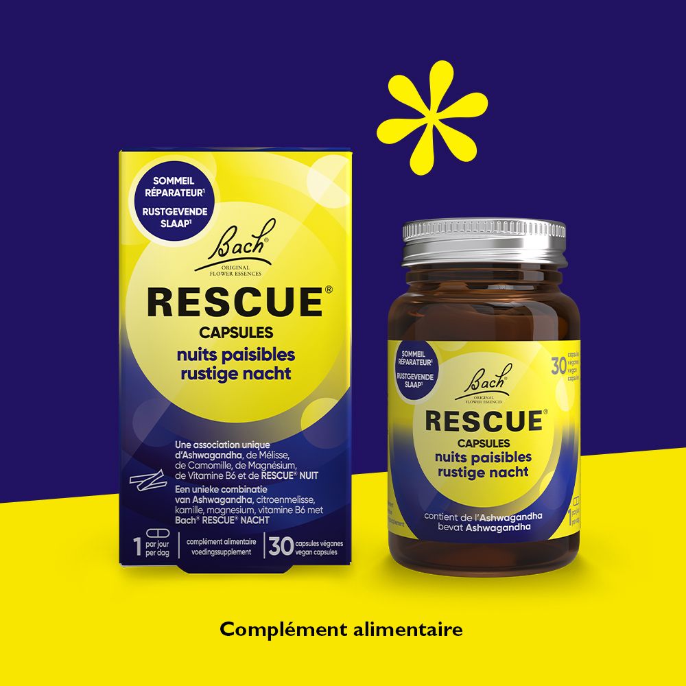 Boîte et flacon RESCUE® CAPSULES. Inscription: nuits paisibles rustige nacht. 30 capsules. Fond jaune et bleu.