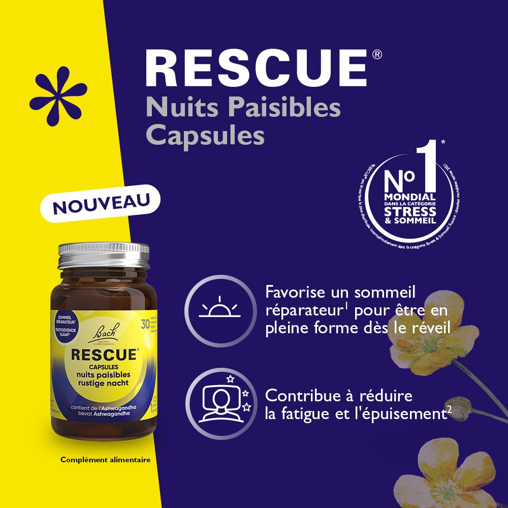 Flacon RESCUE® CAPSULES. Inscription: nuits paisibles rustige nacht. 30 capsules. Fond bleu et jaune. N°1 pour le stress et le sommeil.