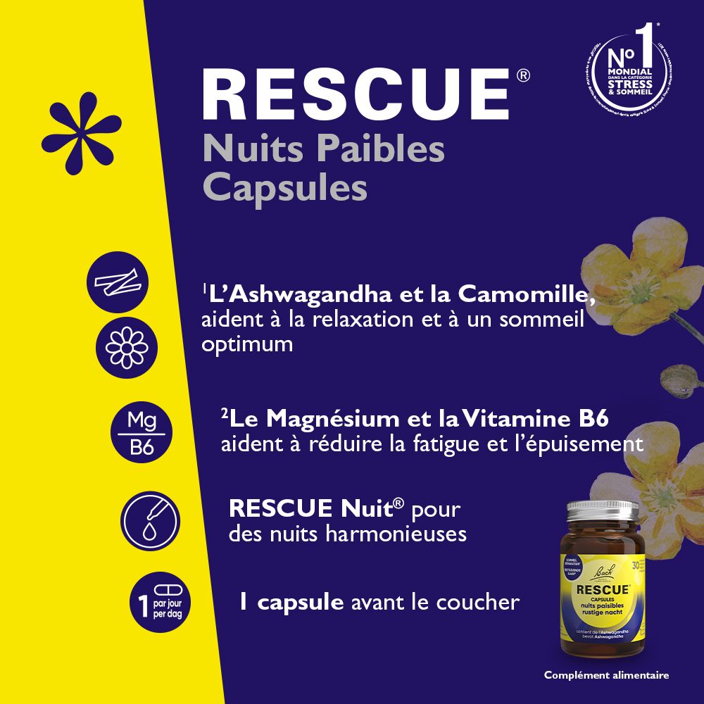 Flacon RESCUE® CAPSULES. Inscription: nuits paisibles rustige nacht. 30 capsules. Fond bleu et jaune. 1 capsule avant de dormir.