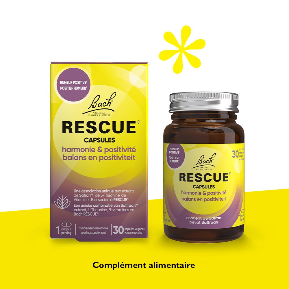 Packung und Flasche RESCUE® Kapseln. Gelber Hintergrund. Aufschrift: Harmonie & Positivität. 30 Kapseln. Ergänzungsnahrung.