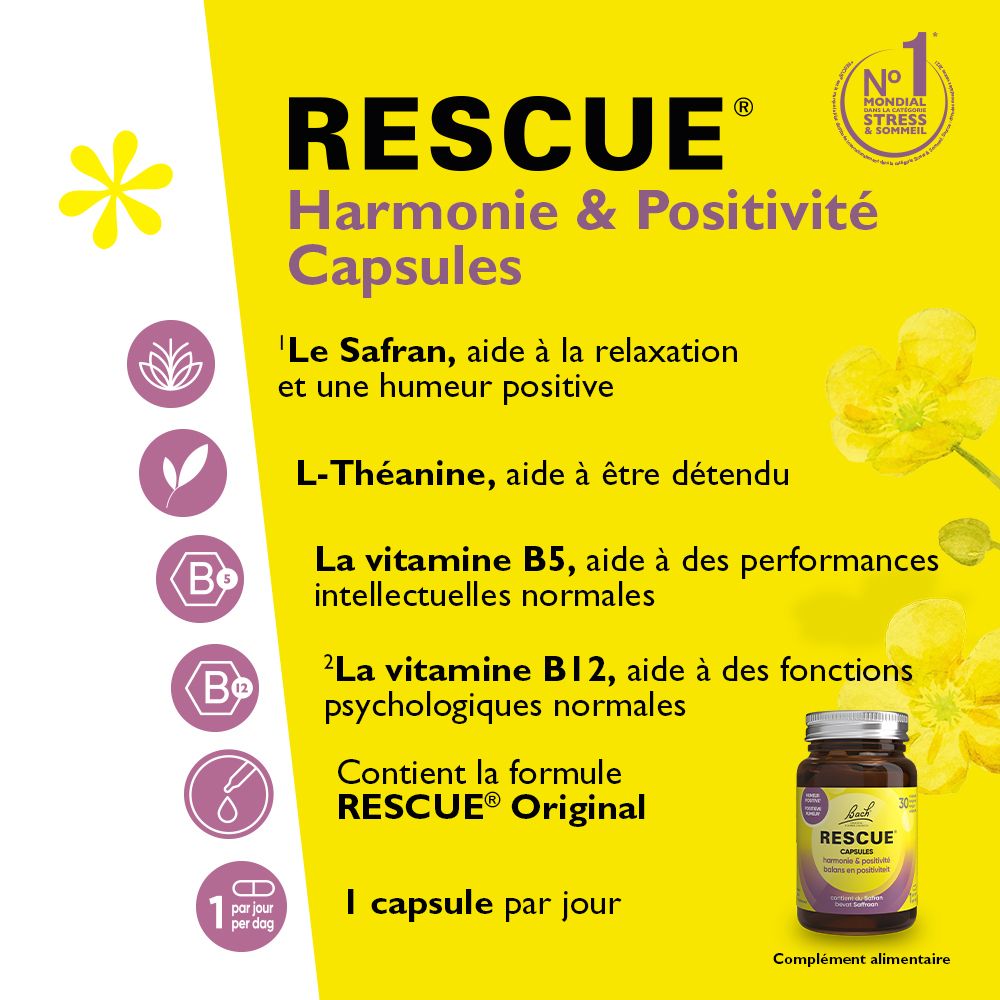 Flasche RESCUE® Kapseln. Gelber Hintergrund. Aufschrift: Harmonie & Positivität. 30 Kapseln. Inhaltsstoffe: Safran, L-Theanin, Vitamine.