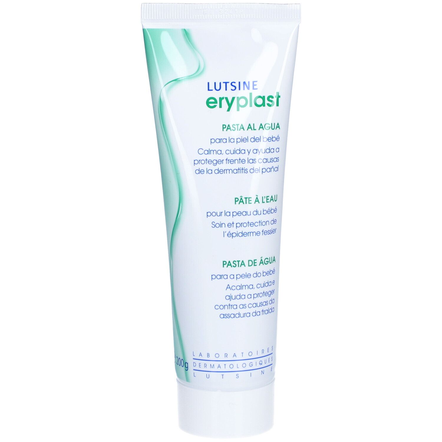 Tube de Lutsine Eryplast Pâte à l'Eau. Tube blanc avec texte vert. Nom du produit et description en plusieurs langues.