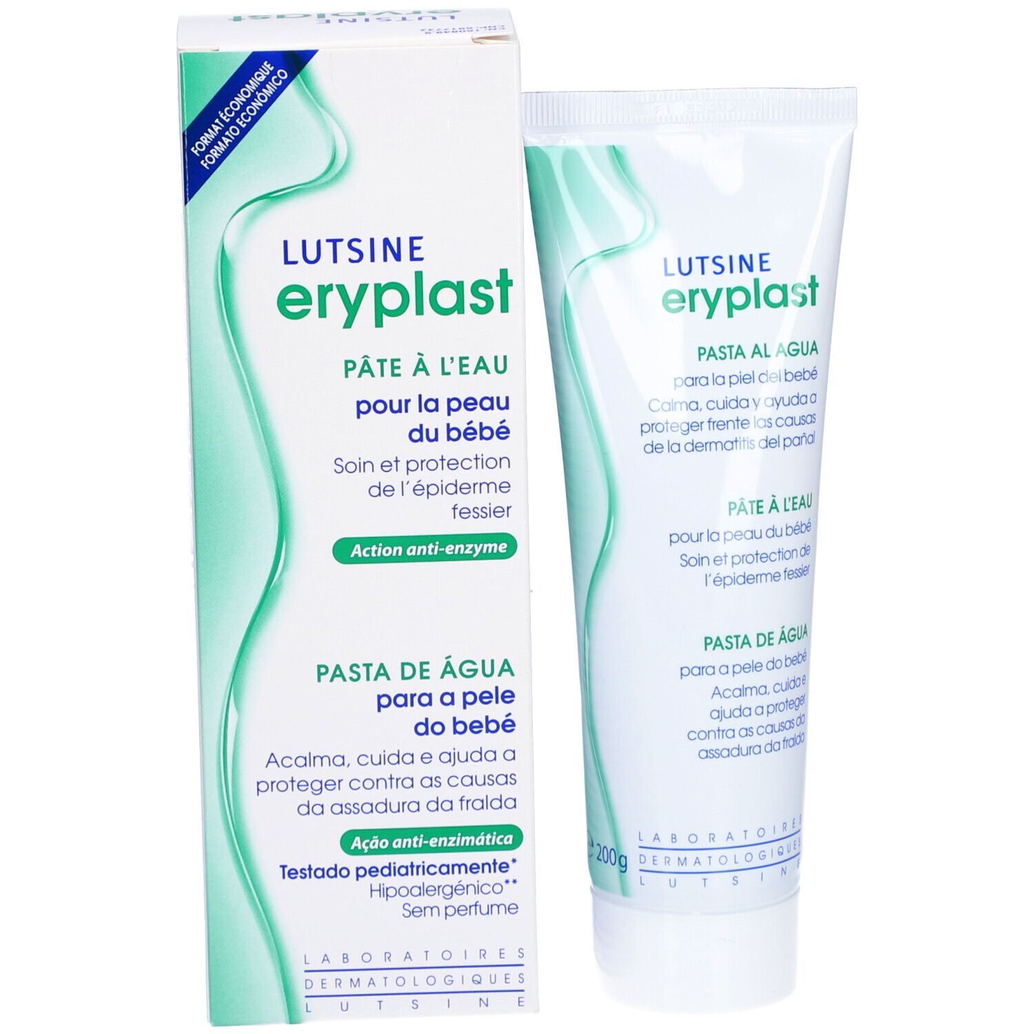 Lutsine Eryplast Pâte à l'Eau, tube et emballage. Tube blanc et boîte avec texte vert. Description multilingue du produit.