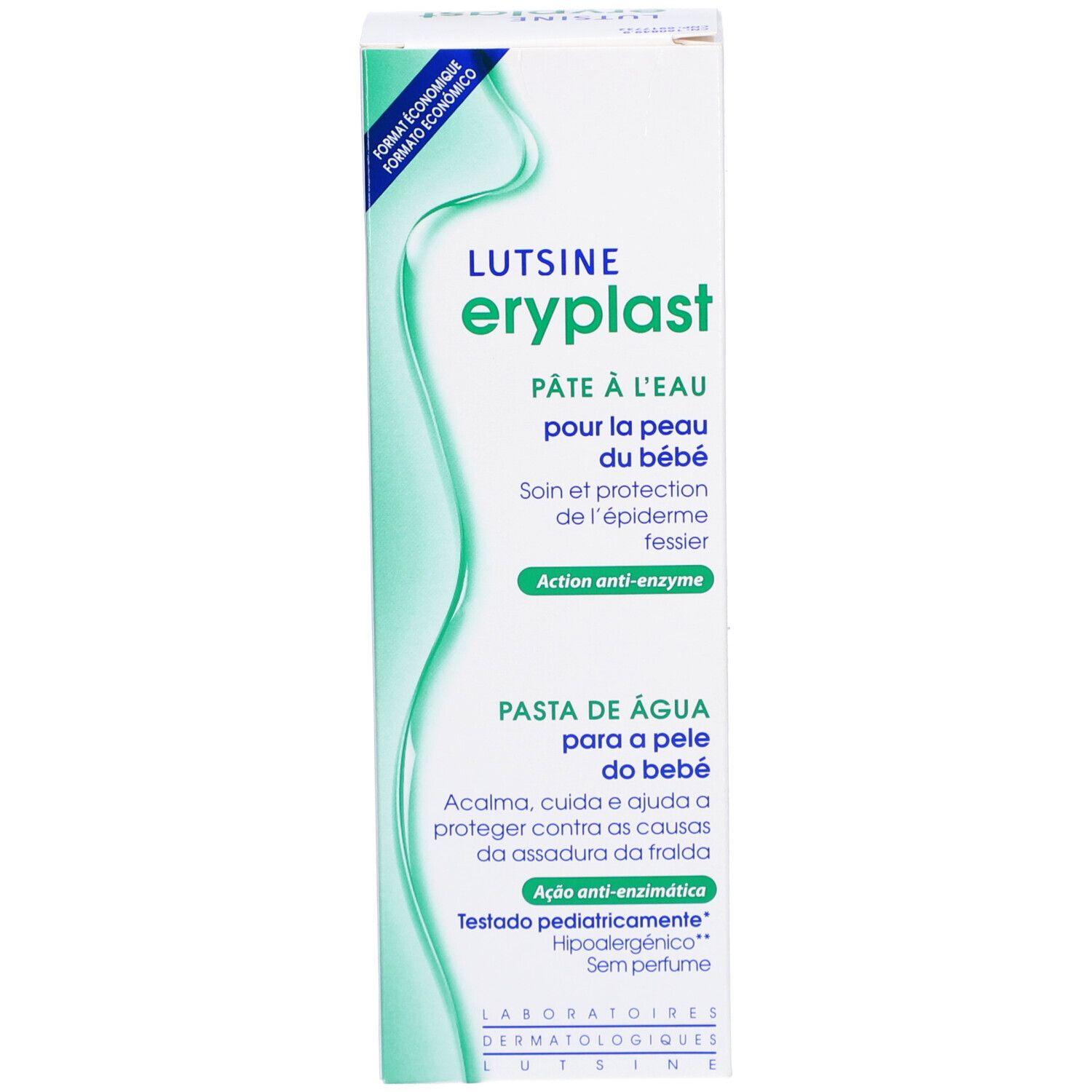 Emballage Lutsine Eryplast Pâte à l'Eau. Boîte blanche avec texte vert. Nom du produit, description et logo.