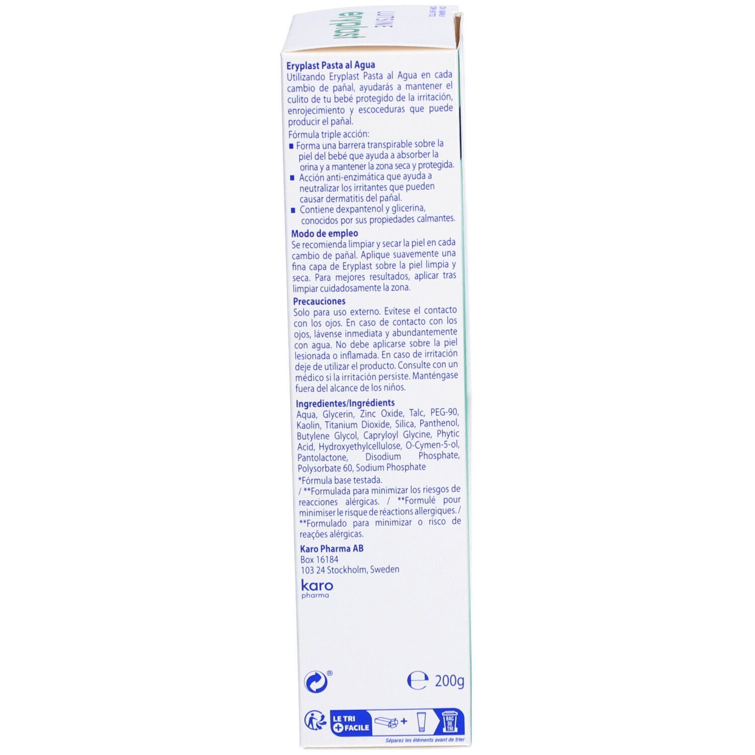 Dos de l'emballage Lutsine Eryplast Pâte à l'Eau. Texte multilingue. Ingrédients et instructions d'utilisation.