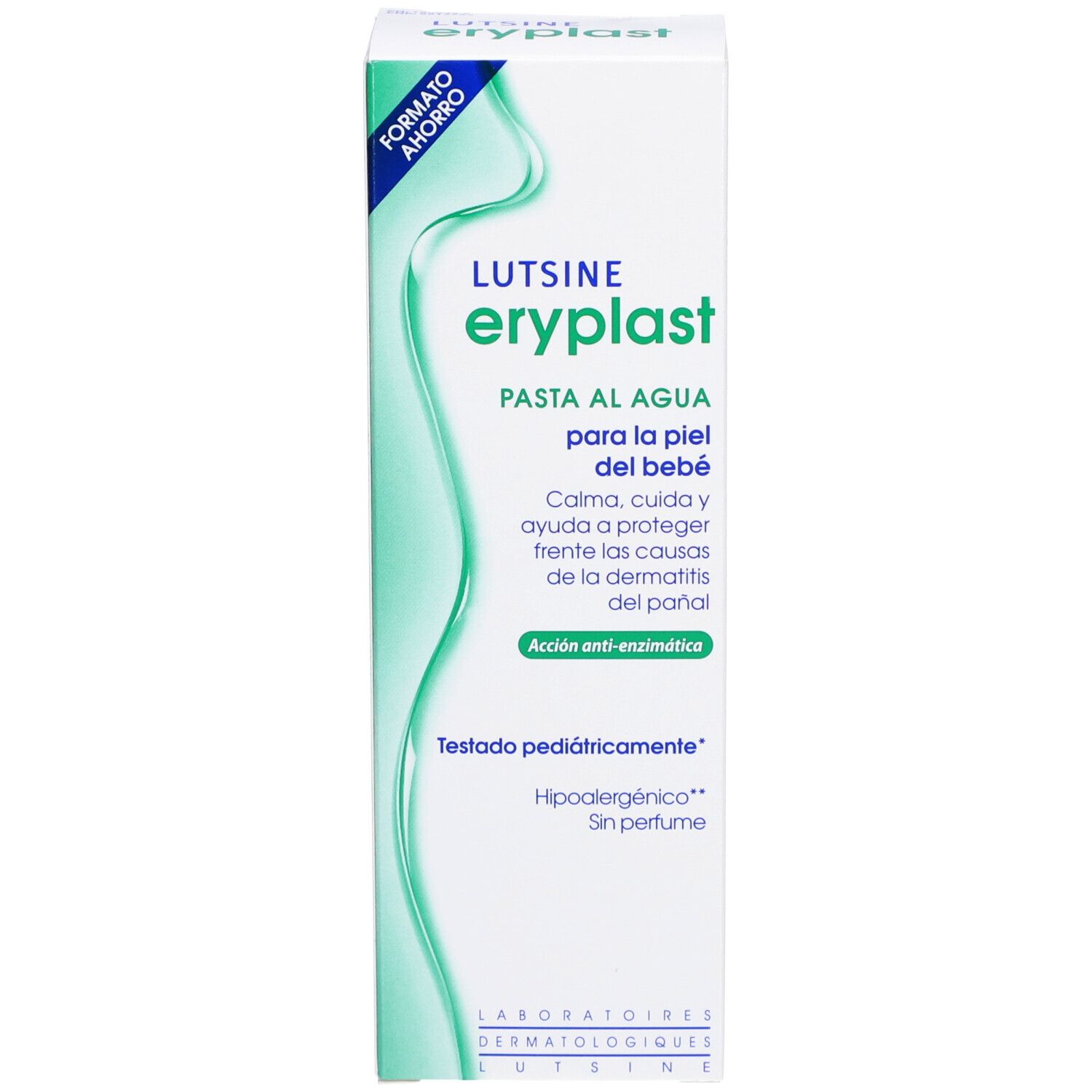 Emballage Lutsine Eryplast Pâte à l'Eau. Boîte blanche avec texte vert. Nom et description du produit.