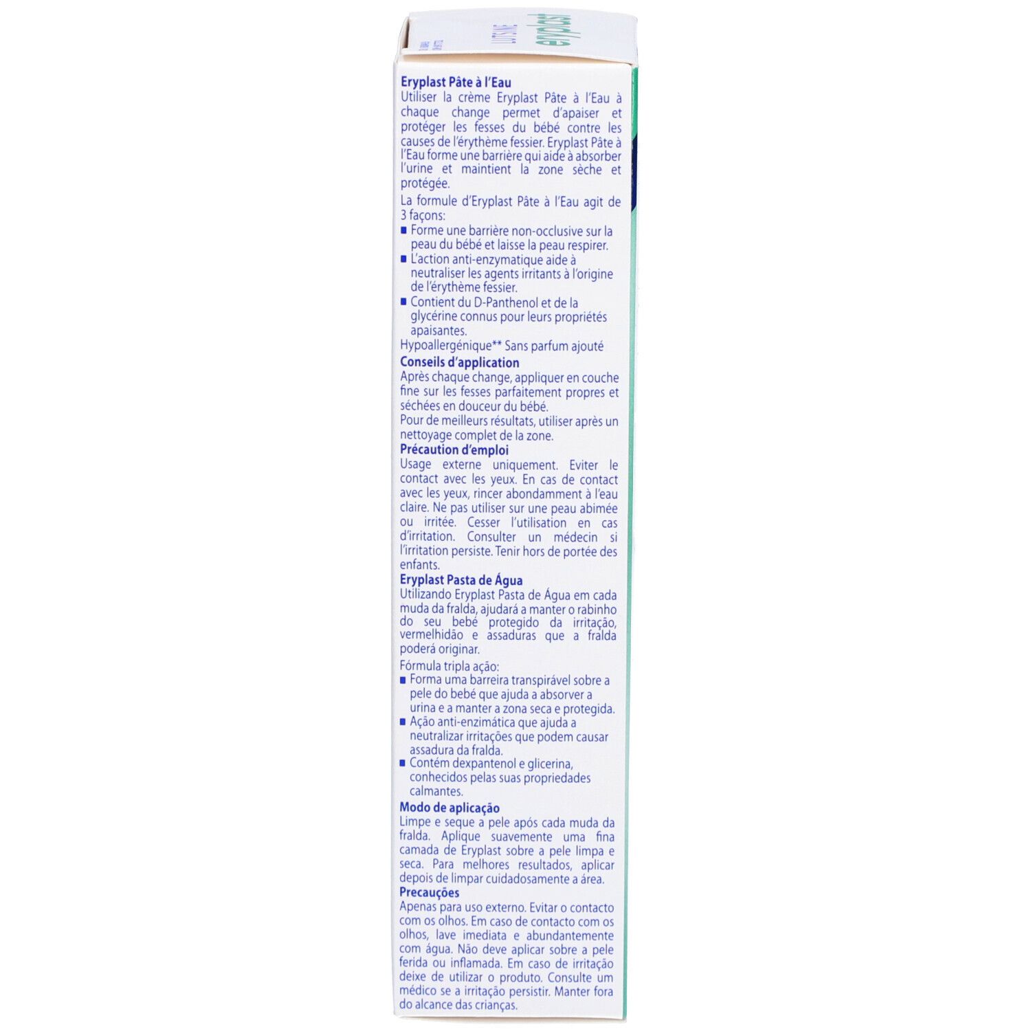 Dos de l'emballage Lutsine Eryplast Pâte à l'Eau. Texte multilingue. Instructions d'utilisation et ingrédients.