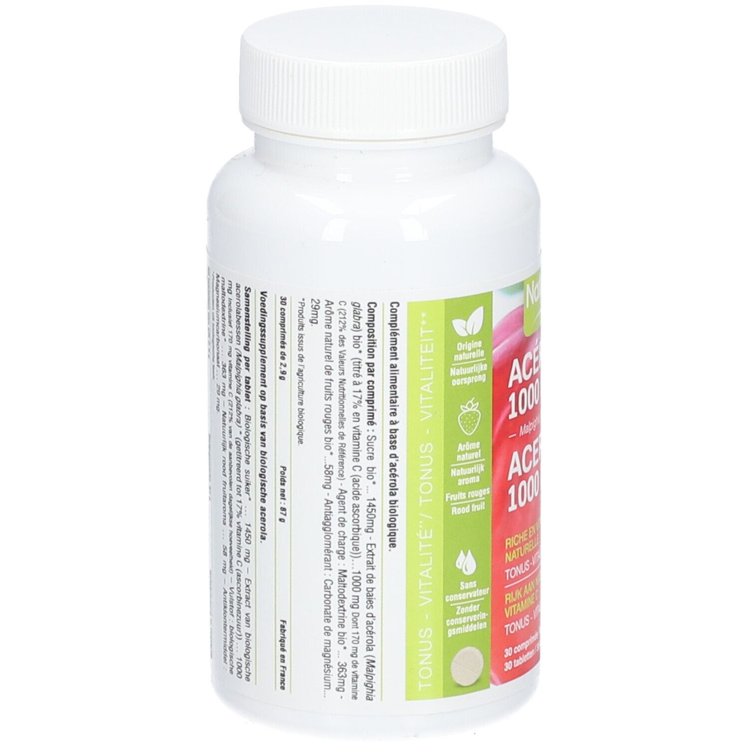 Dos du flacon blanc avec capsules. Texte multilingue. Liste des ingrédients et informations nutritionnelles.