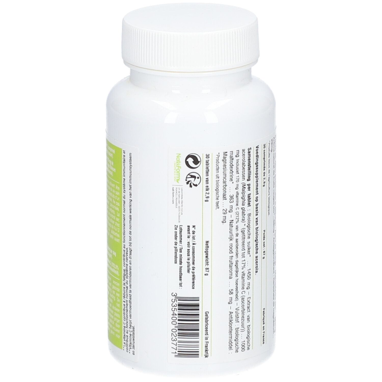 Dos du flacon blanc avec capsules. Texte multilingue. Informations fabricant et numéro de lot.