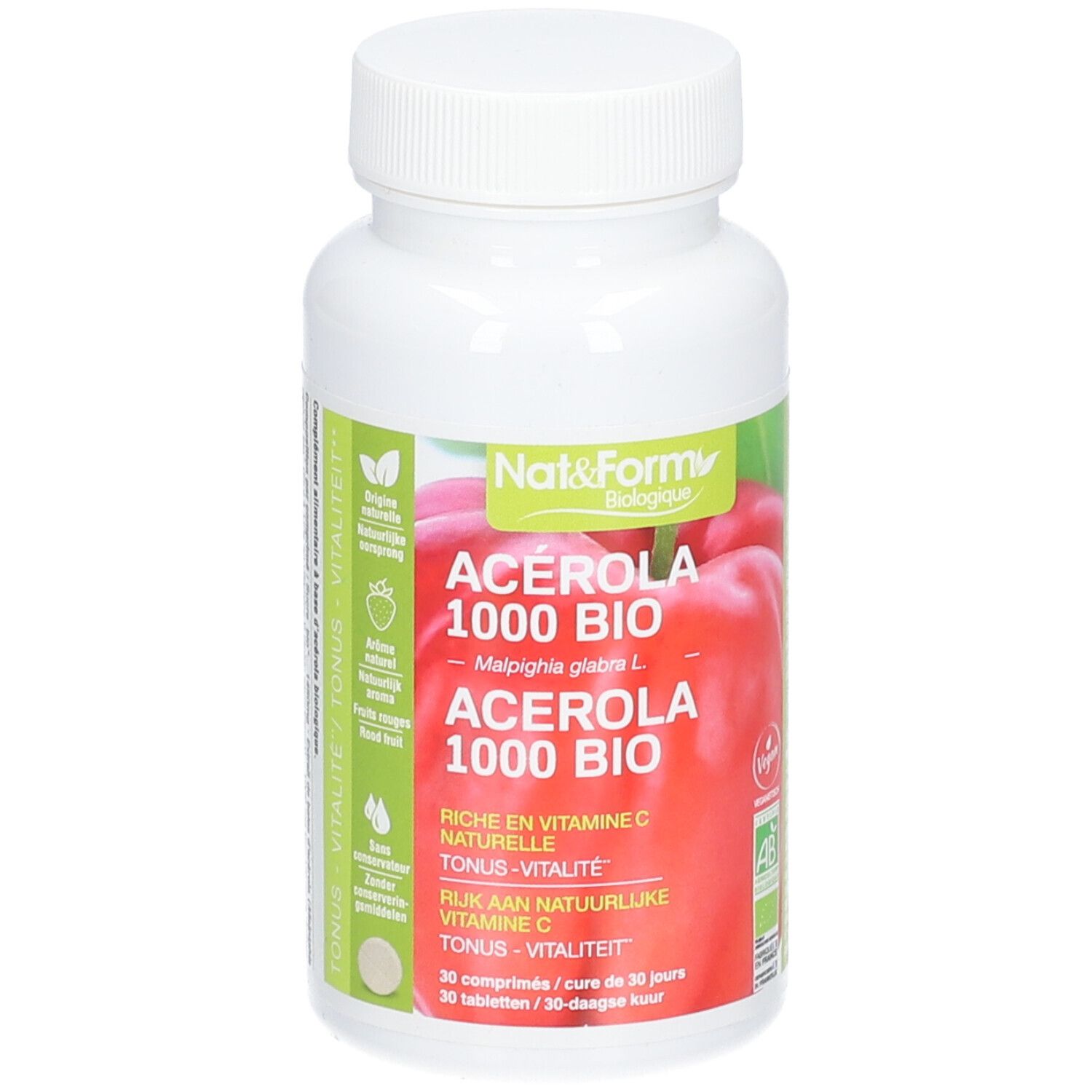 Flacon blanc avec capsules. Inscription: ACÉROLA 1000 BIO, vitamine C. Avec label bio et logo vegan.