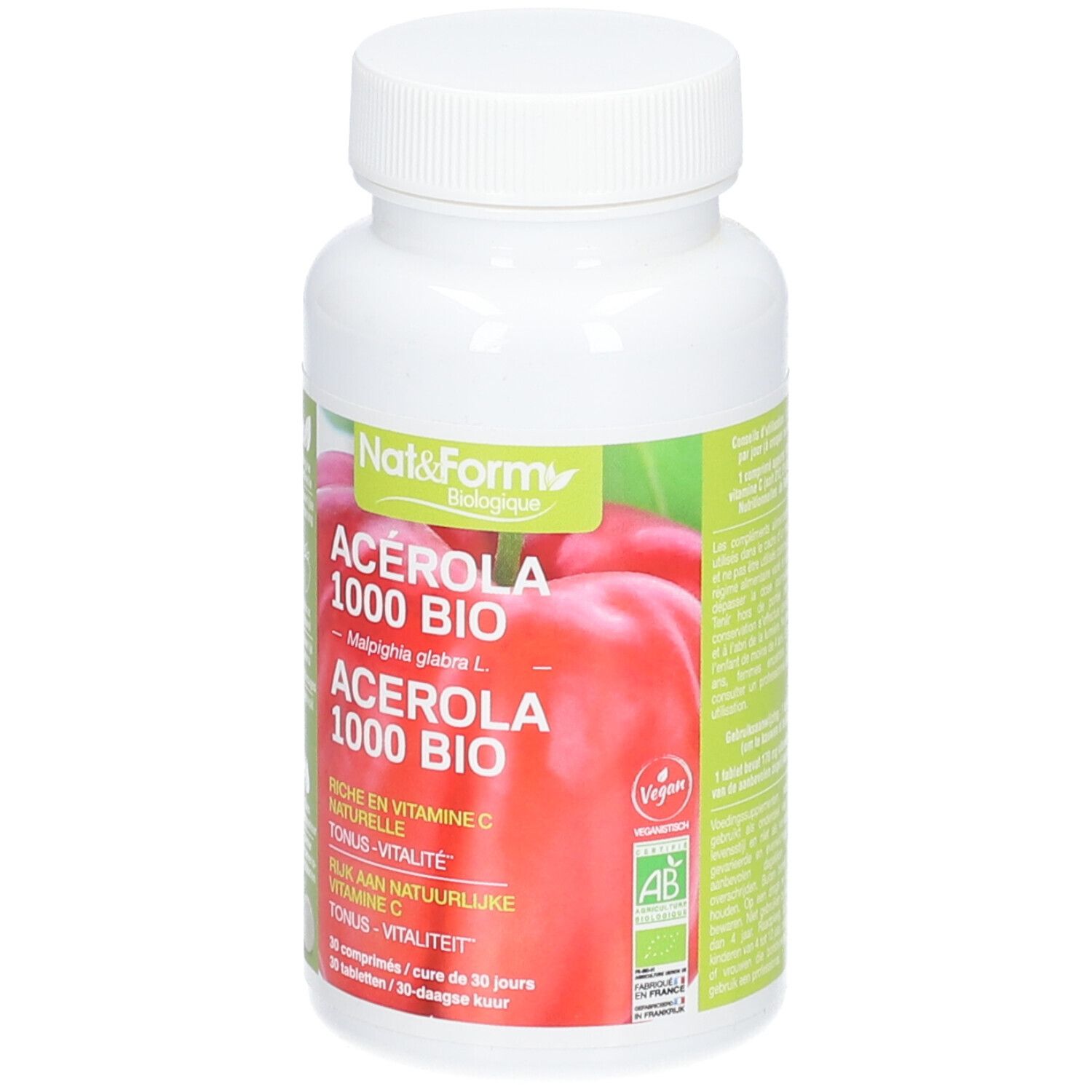 Flacon blanc avec capsules. Inscription: ACÉROLA 1000 BIO, vitamine C. Avec label bio et logo vegan.