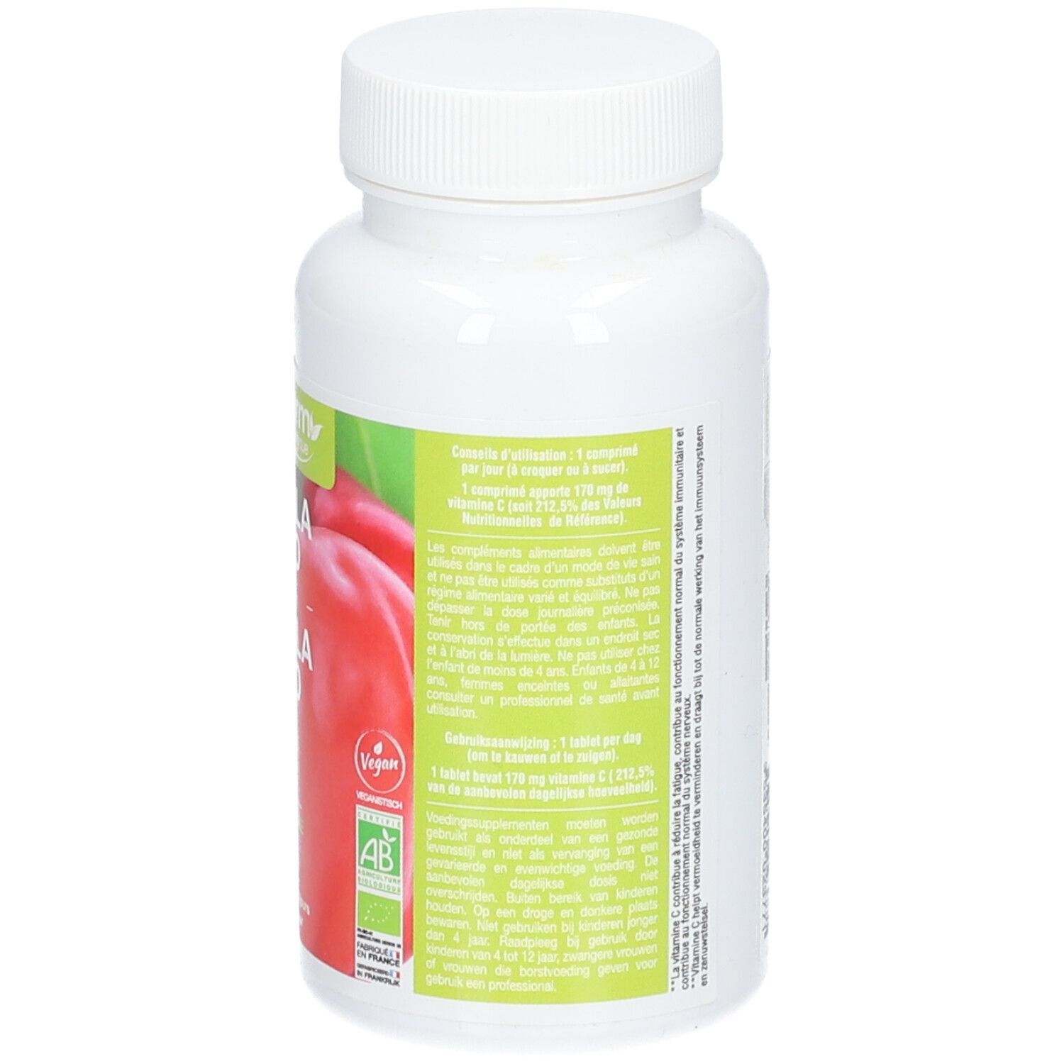 Dos du flacon blanc avec capsules. Texte multilingue. Recommandations posologiques et ingrédients.